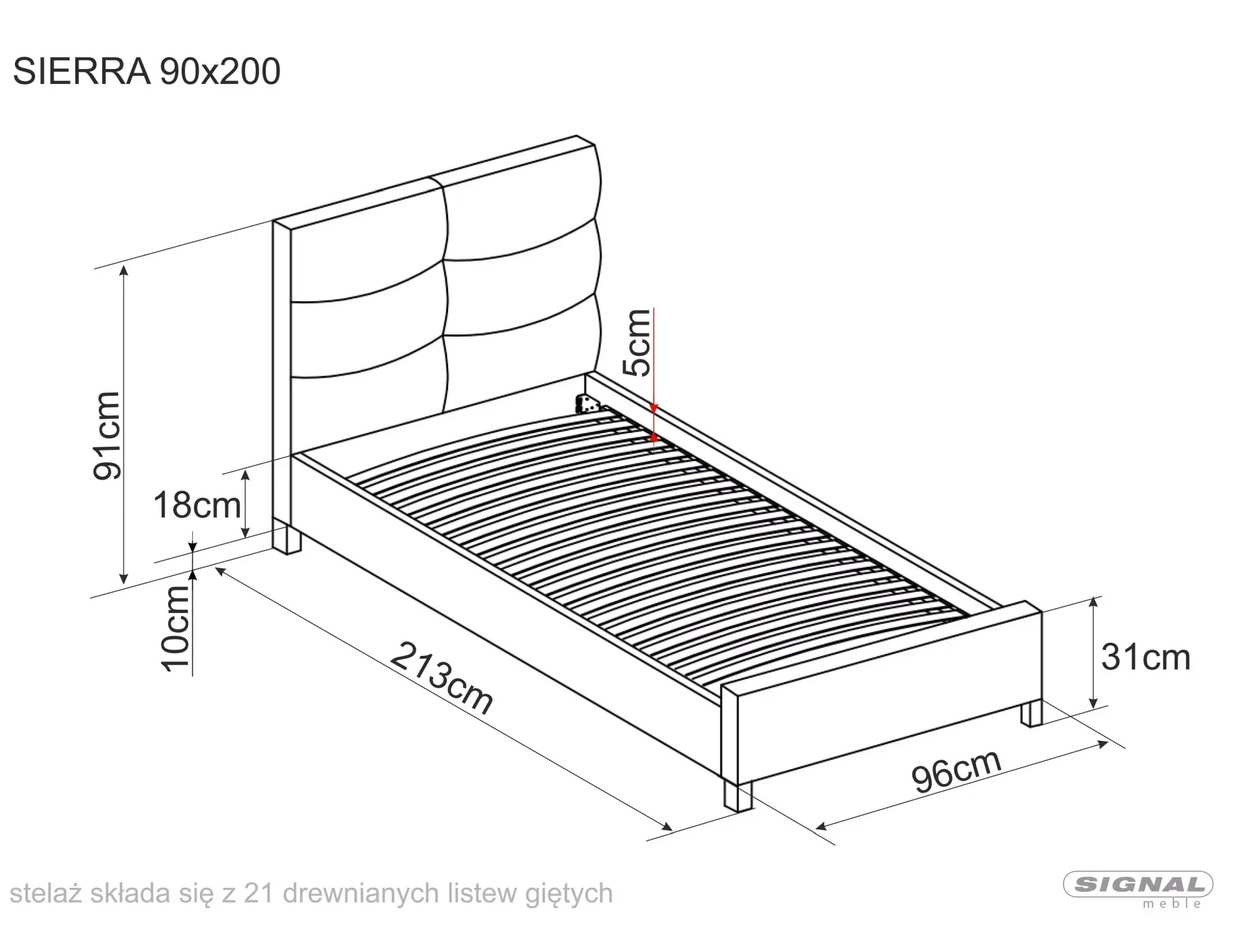 Łóżko z zagłówkiem SIERRA VELVET 90x200 TAP. 150 szary nóżki drewniane - SIERRAV90SZD