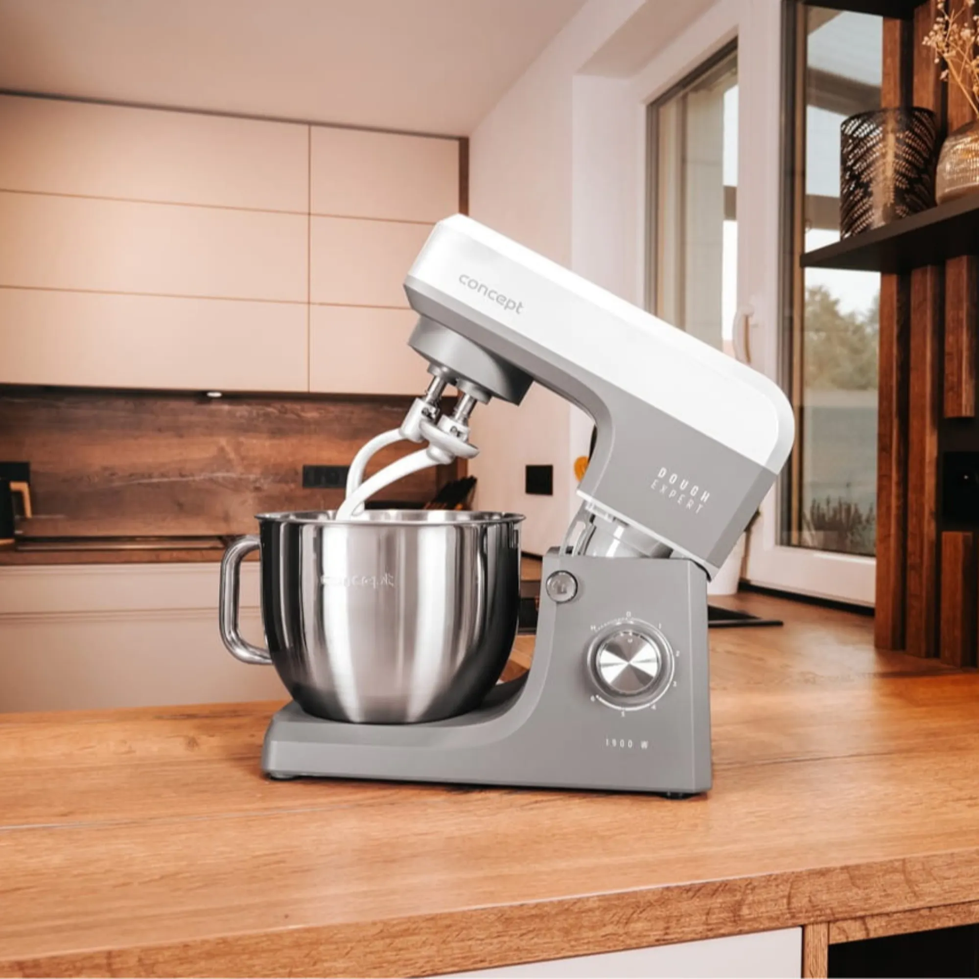 image mikser stojący, mikser kuchenny, pojemnik stalowy, metalowy, kuchenka