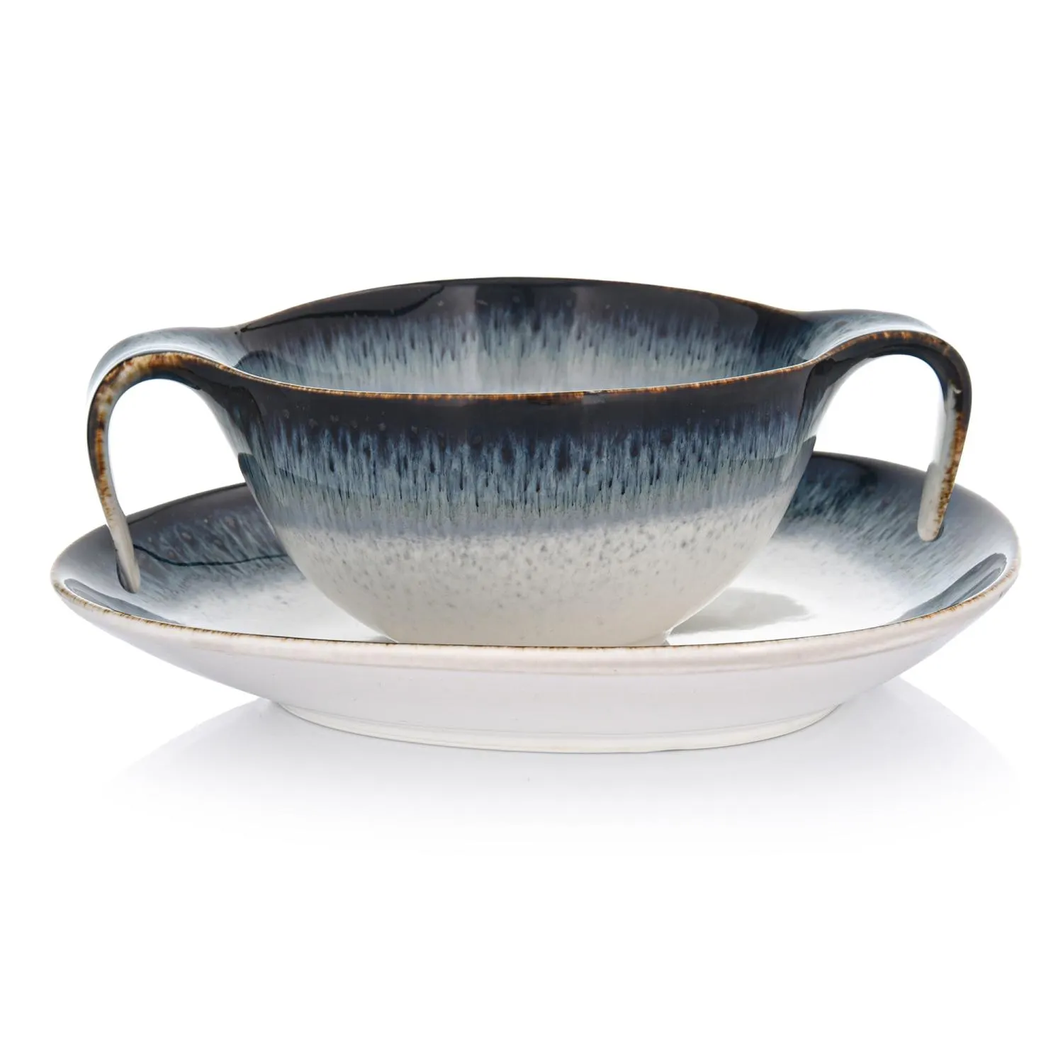 image miska z uchwytami, duo talerzyków, porcelanowa miska, gradient niebieski, ceramiczny zestaw obiadowy
