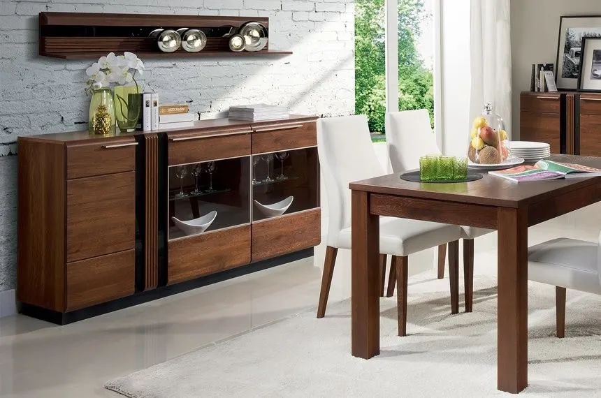 Komoda z witryną PORTI 48 3-drzwiowa drewniana dąb antyczny czarna 180x90x42cm - TH-100-0833