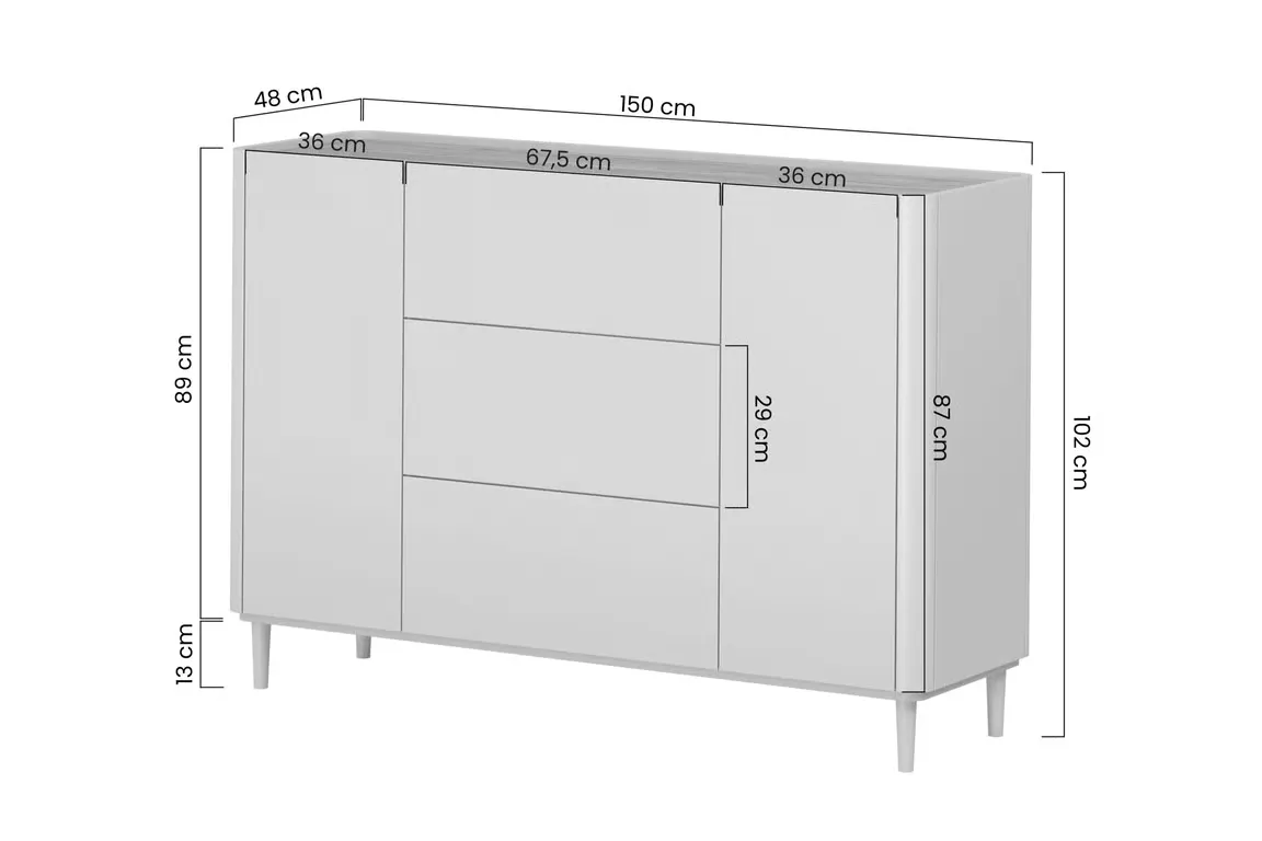 Komoda 2-drzwiowa z 3 szufladami ELIVO 150cm drewniane nóżki cashmere dąb olejowany — zdjęcie 10