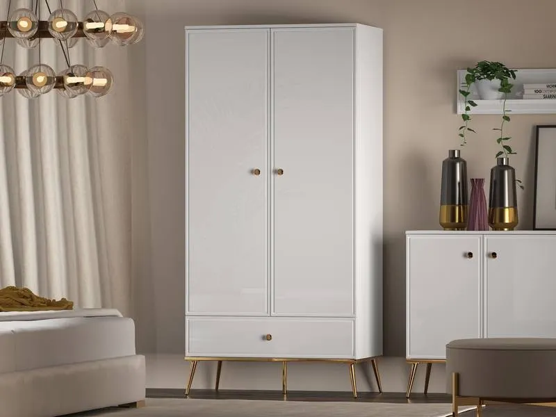 Szafa 2-drzwiowa z szufladą GOLDIN 01 biały połysk na złotych nogach - 1GOLD01-001