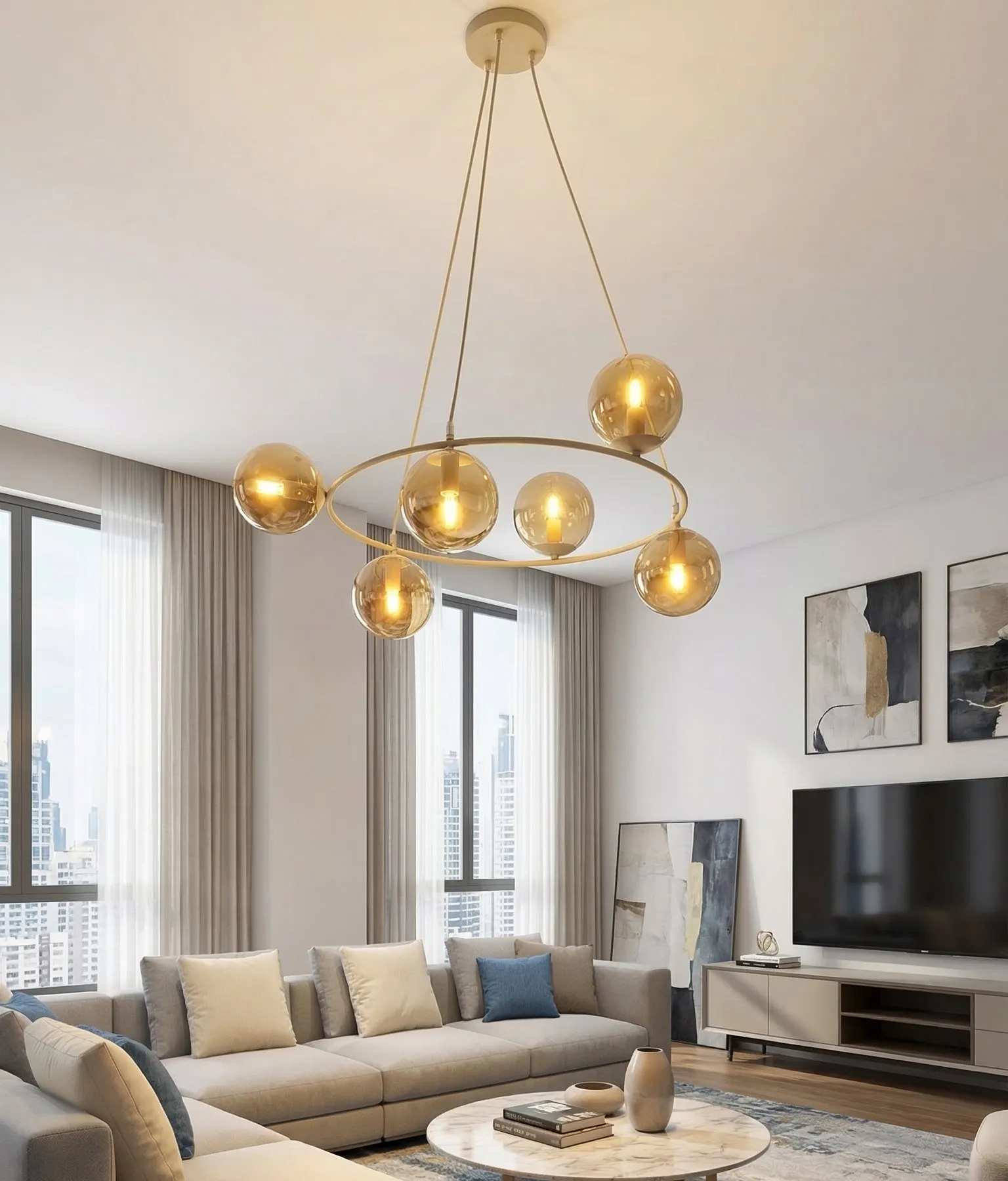 lampa sufitowa, kula szklana, modernistyczna, salon, stół kawowy