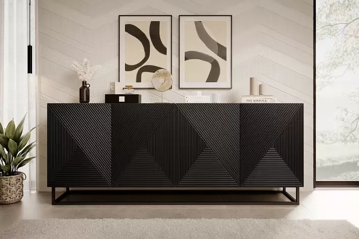 Komoda 4-drzwiowa ASHA 200 4D - czarny mat - dąb artisan - czarny stelaż - ryflowany front - B_149612