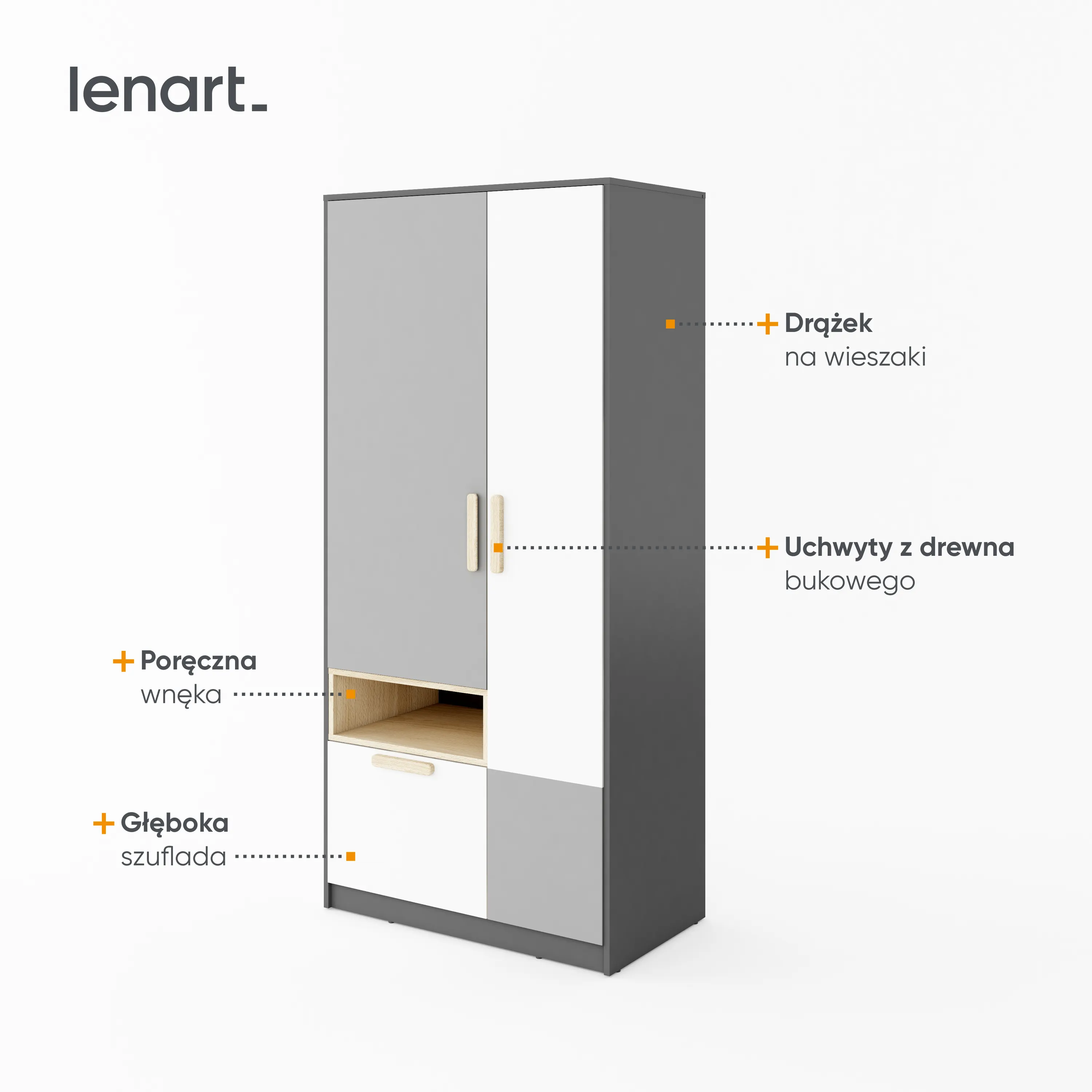 Szafa 2-drzwiowa Pok PO-02 90cm grafit/buk ibsen/szary jasny - PO2GBS
