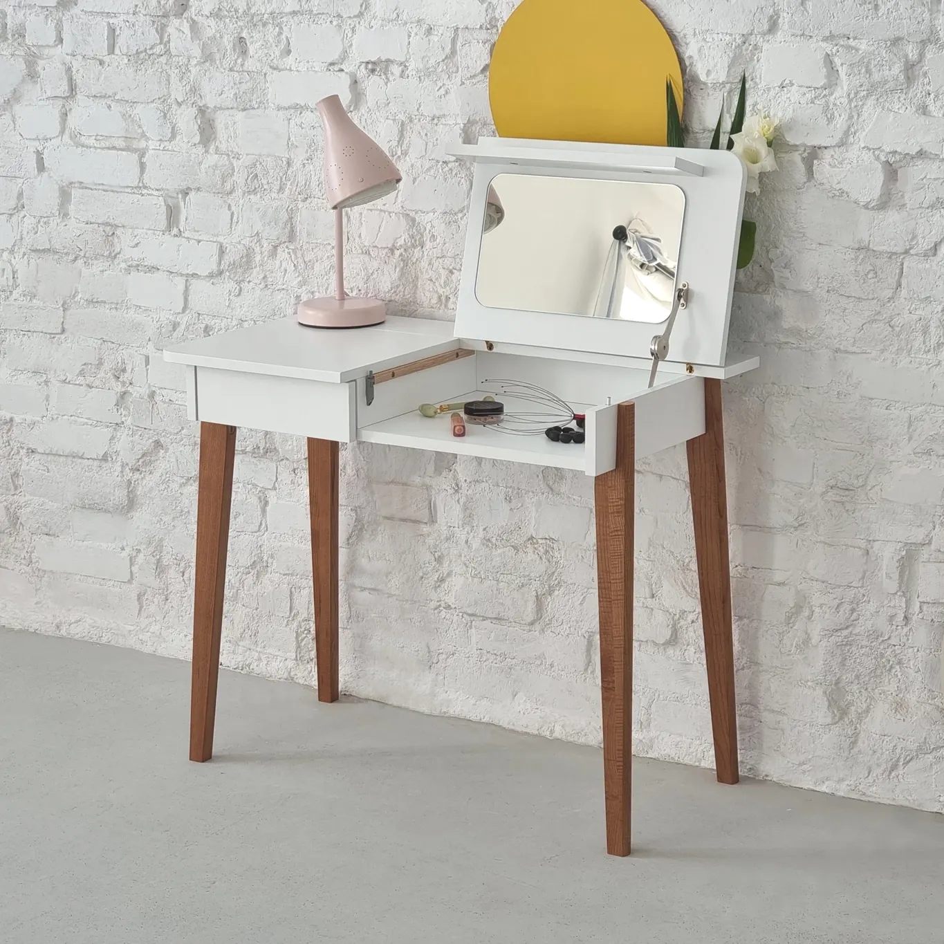 Toaletka z lustrem MEWISE 90x48cm beżowa kolor nóg dąb - RGBDTMEW14OAK