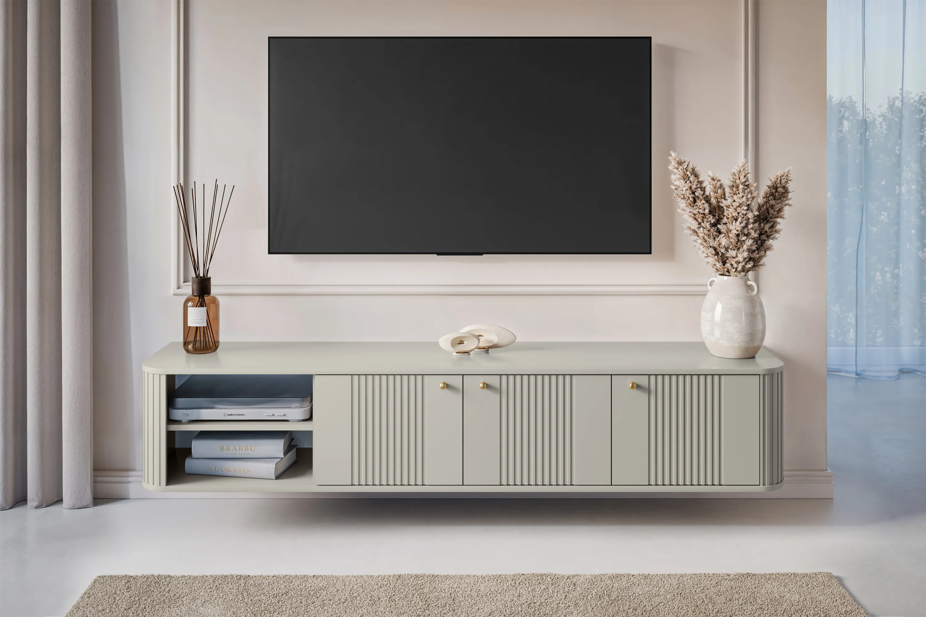 Szafka RTV wisząca 3-drzwiowa VESPER RTV 187 ryflowany front cashmere złote uchwyty - B_163662