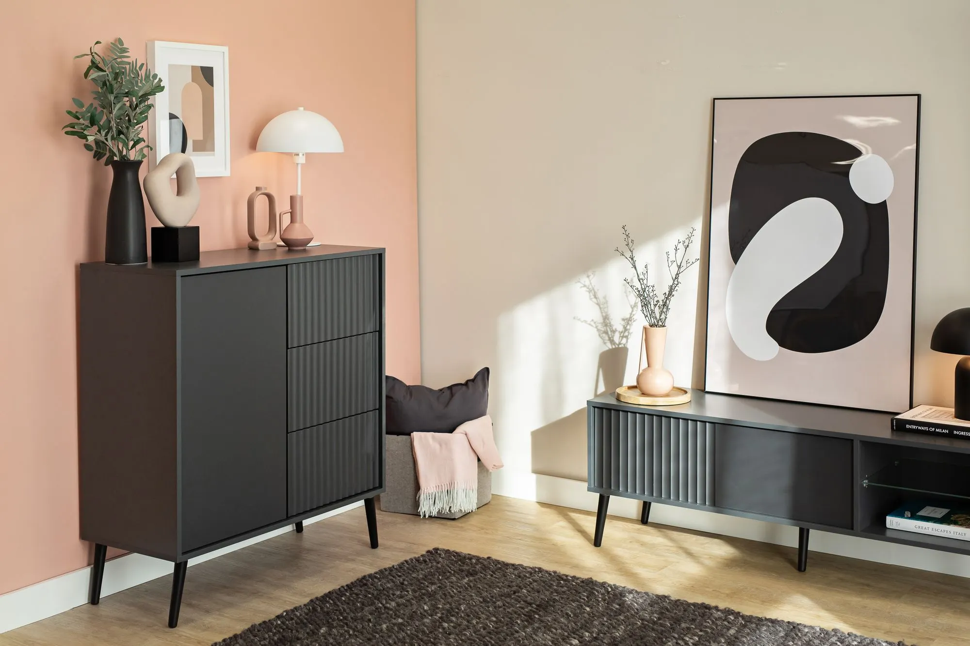 Komoda 1-drzwiowa z 3 szufladami BARCELONA 91cm antracyt - INT_5003179