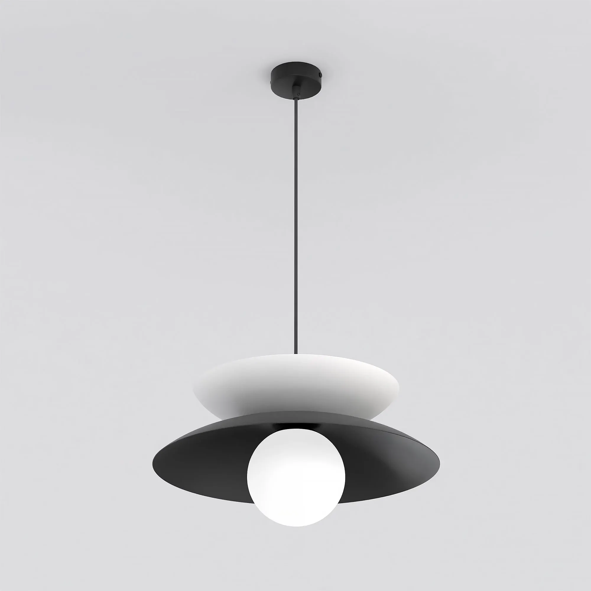 lampa wisząca, pendant light, czarna, biała kula, minimalistyczny design