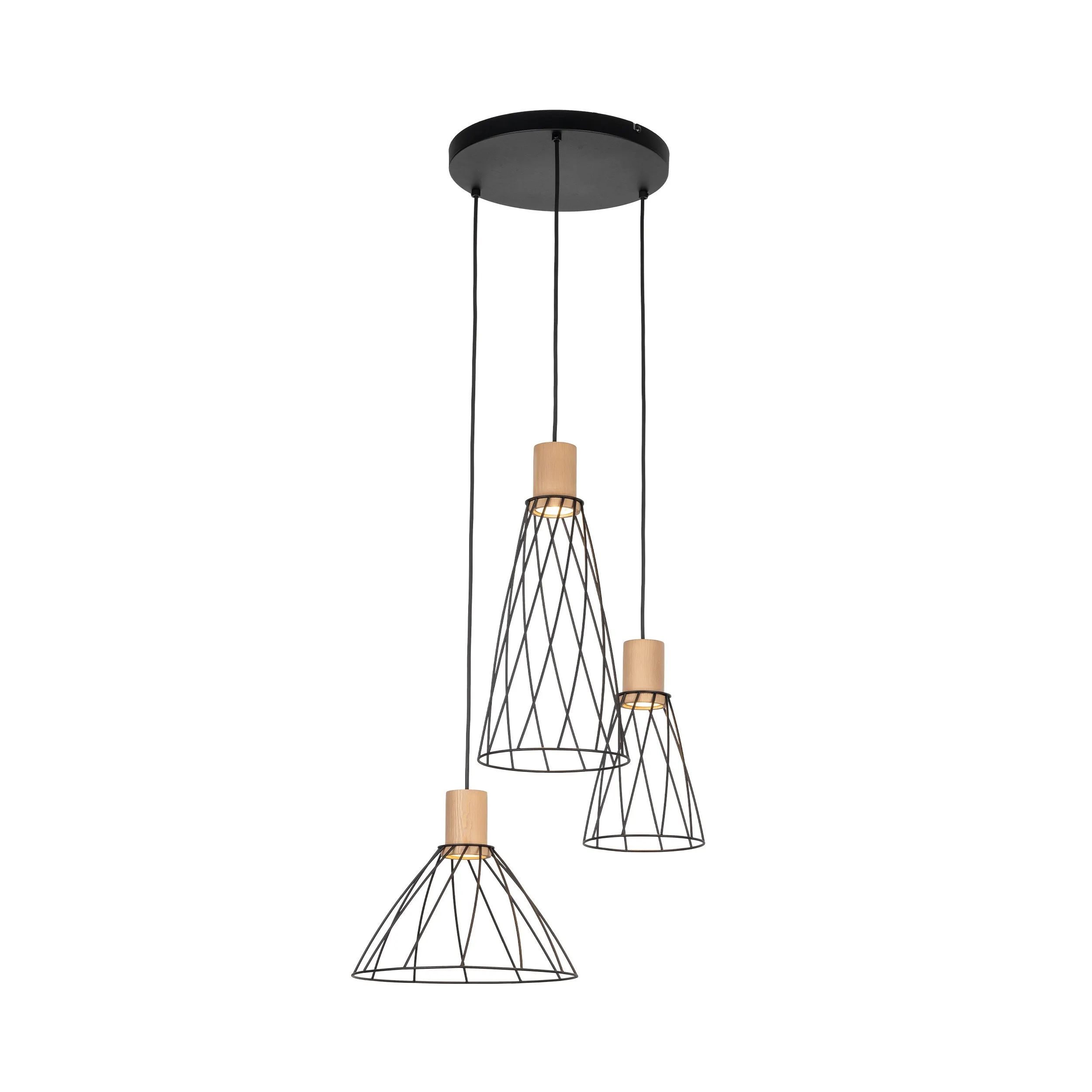 Lampa wisząca MODESTO czarna z drewnianymi elementami z sosny klosze różnokształtne 120x50cm - TK_10188