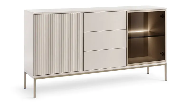 Komoda z 3 szufladami przeszkleniem i oświetleniem SENTO 1 pkt. LED cashmere Meble, kredens, Gabinet, Szafa, Szafka