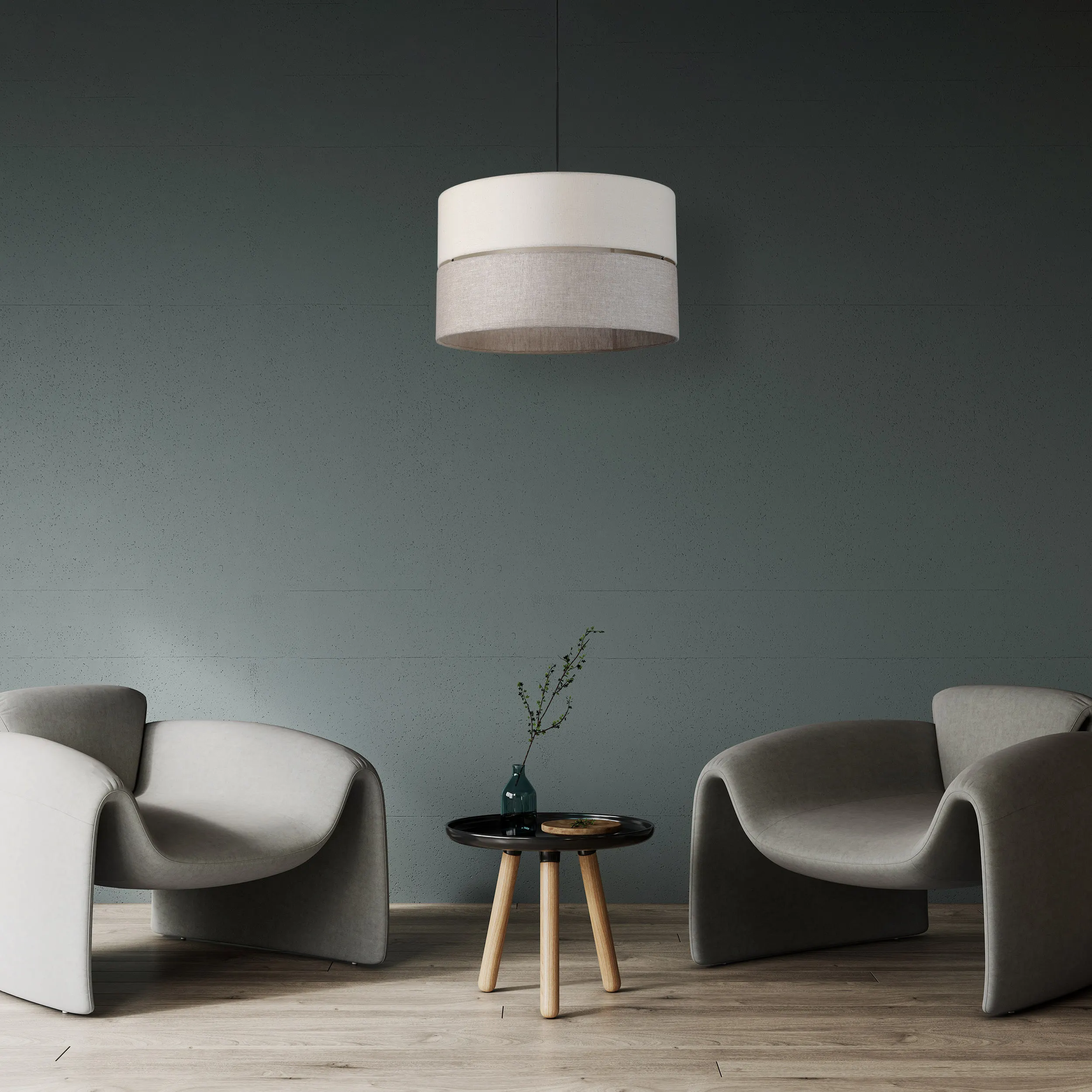 Lampa wisząca ECO beżowa z tkaniny na drewnianej okrągłej podstawie z czarnym przewodem 120x50cm - TK_5773