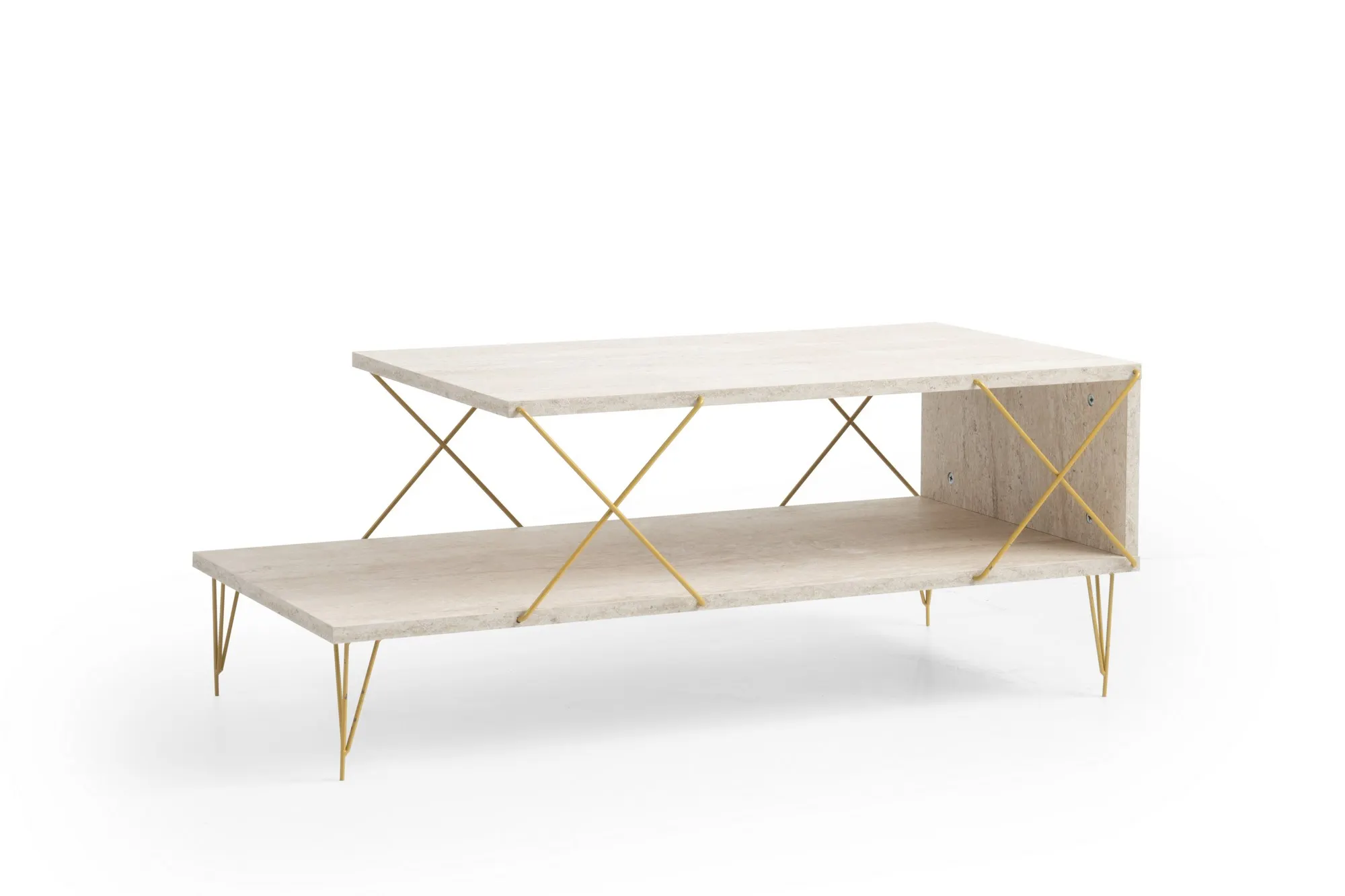 Stolik kawowy z półką LOIRE trawertynowy złoty stelaż Stolik kawowy, Meble, Tabela, Sklejka, Drewno