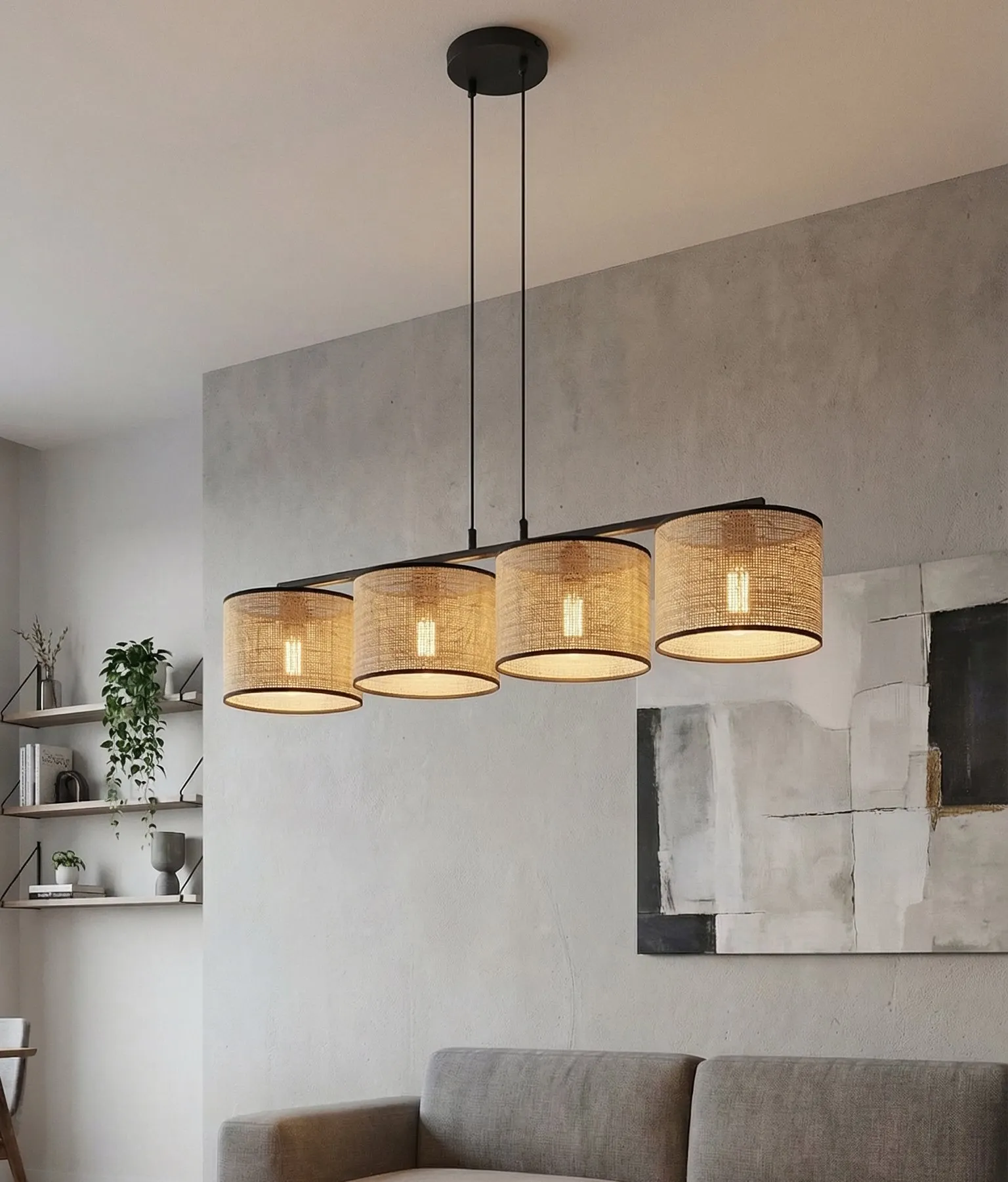 image lampa wisząca, knotowa abażur, cztery klosze, industrialny design, płócienny materiał