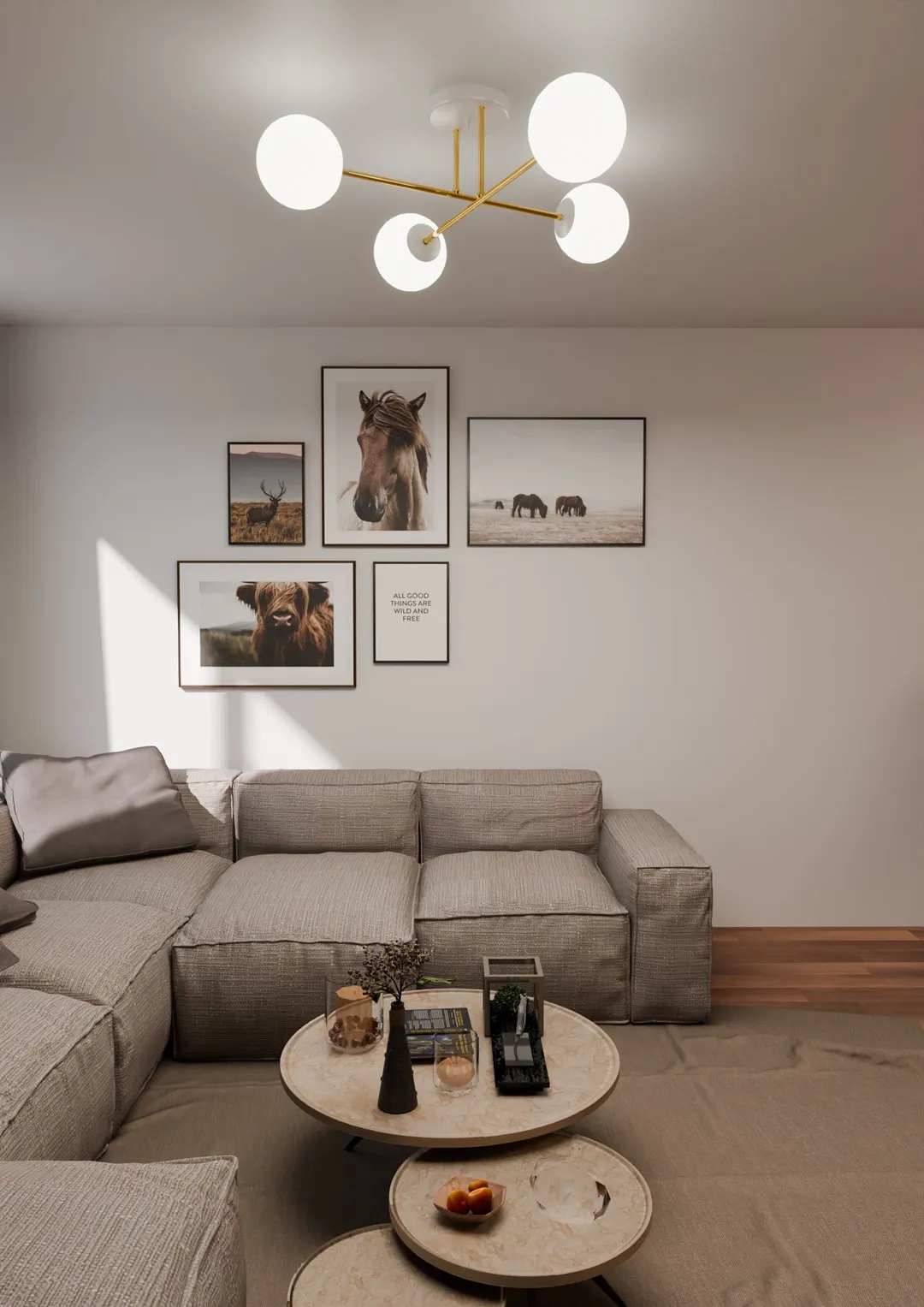sofa, living room, wall art, round coffee table, modern chandelier