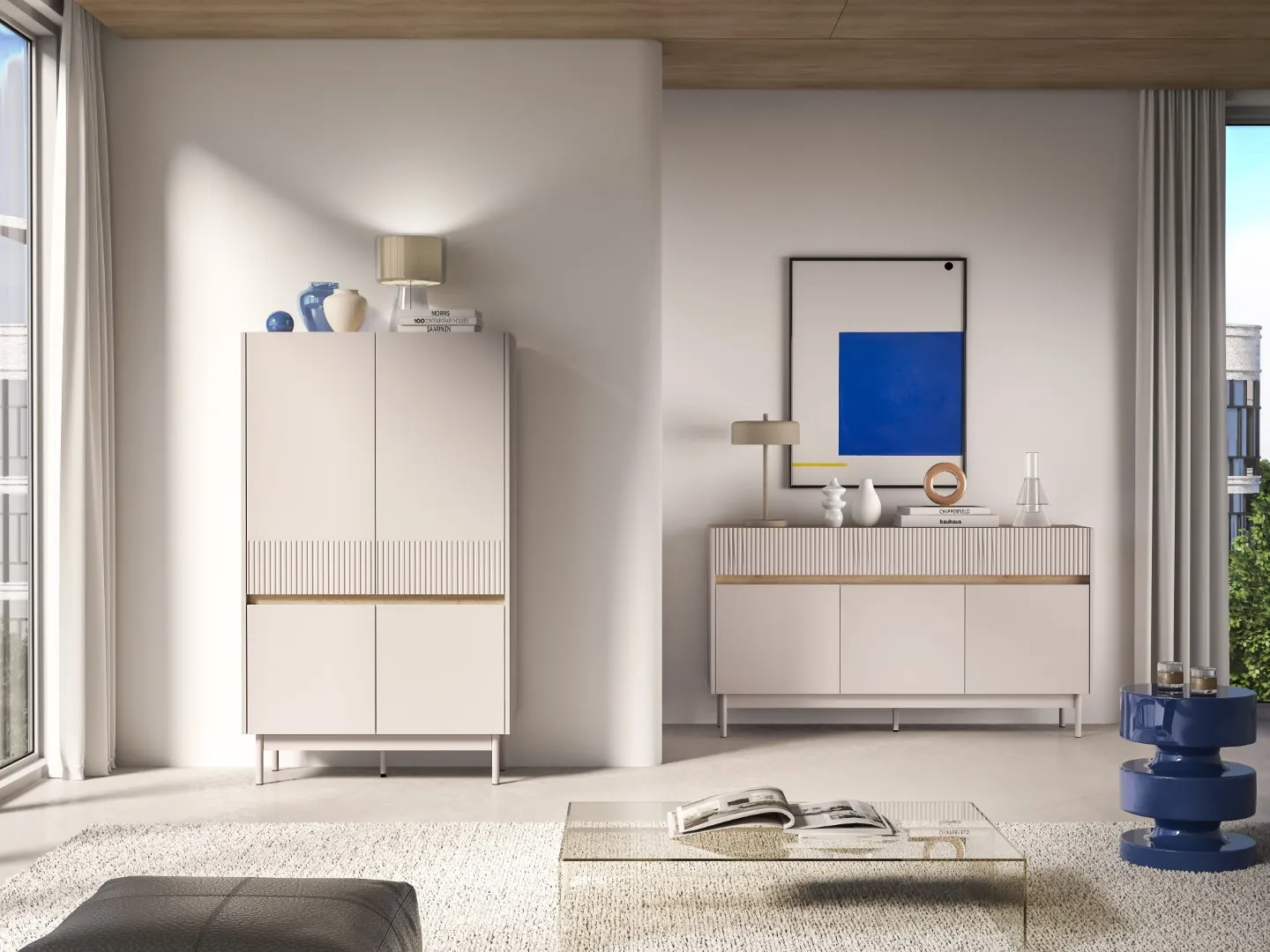 Komoda wysoka 4-drzwiowa DUNEA 156x92 ryflowana kaszmir - dąb cremona - 1DUNE04-001