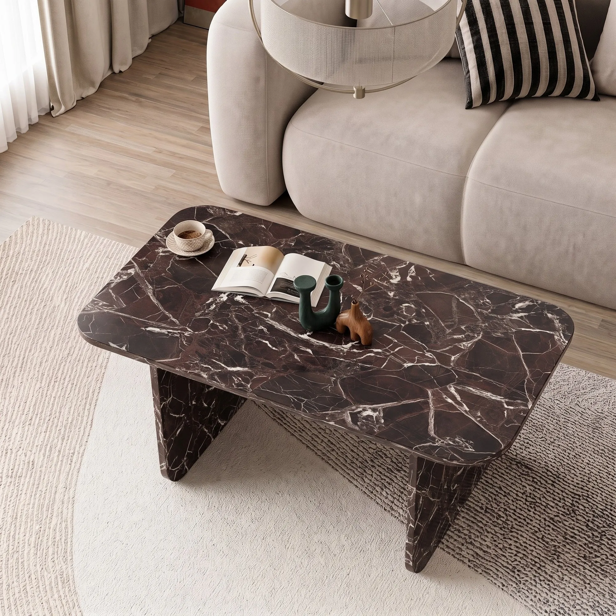stolik kawowy, blat marble, marmur czarny, meble lounge, podstawa drewniana