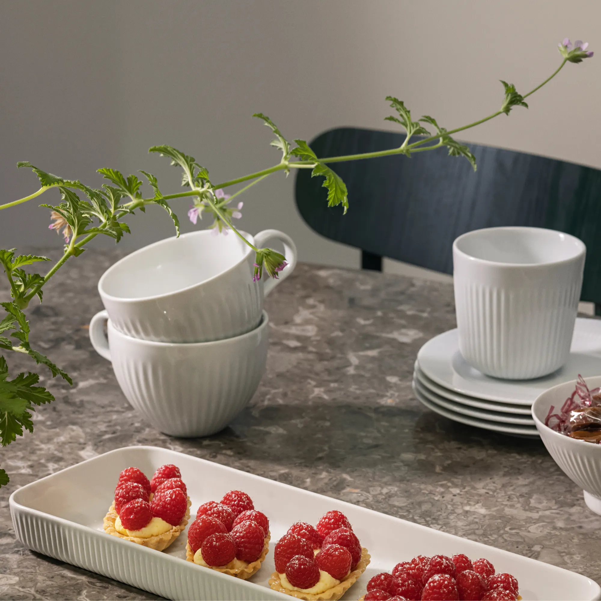 image miska, kieliszki, stolik, rosliny, malinki