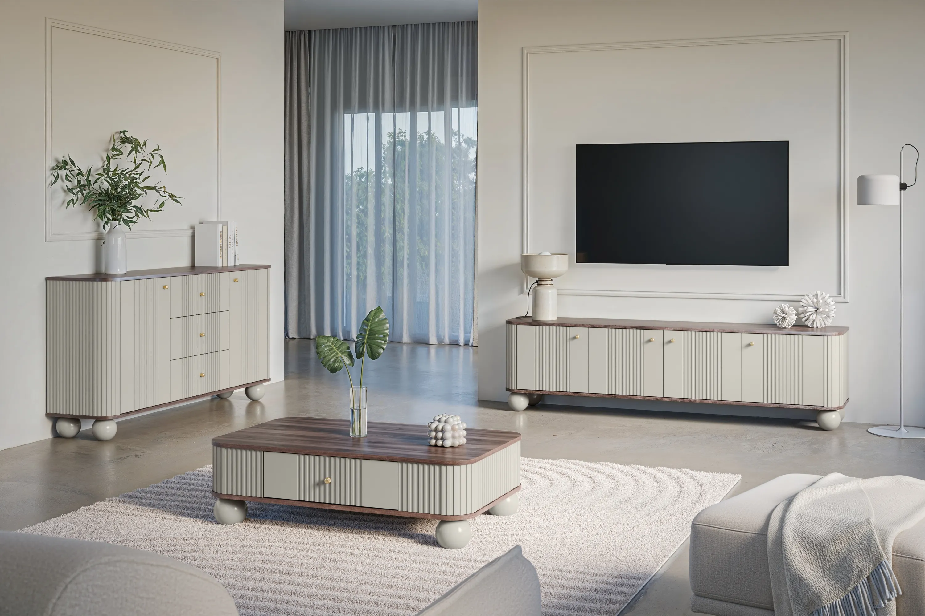 Szafka RTV 4-drzwiowa VESPER RTV 187 ryflowany front cashmere orzech złote uchwyty nogi kule - B_163744