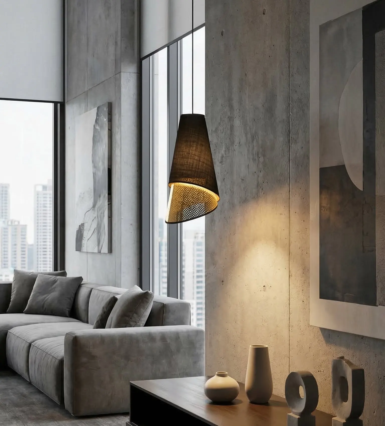 image lampa wisząca, nowoczesny salon, sufitowa lampa, konstrukcja metalowa, minimalistyczny design