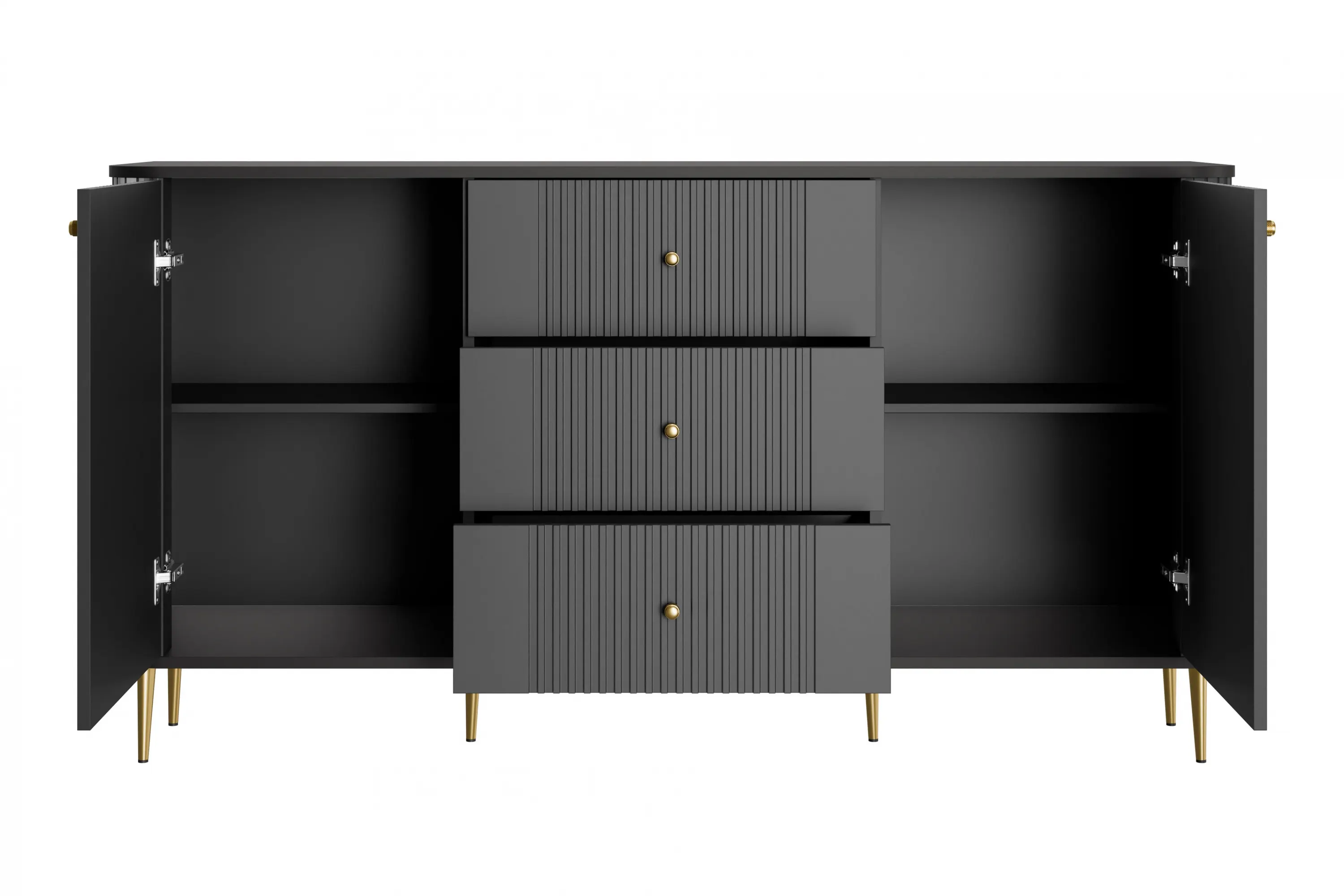 Komoda 2-drzwiowa z 3 szufladami VESPER 160 ryflowany front czarny złote nogi - B_163612
