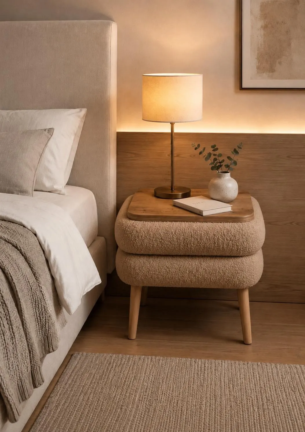 meble nocne, lampa stołowa, lampka nocna, stołek drewniany, dekor neutralny