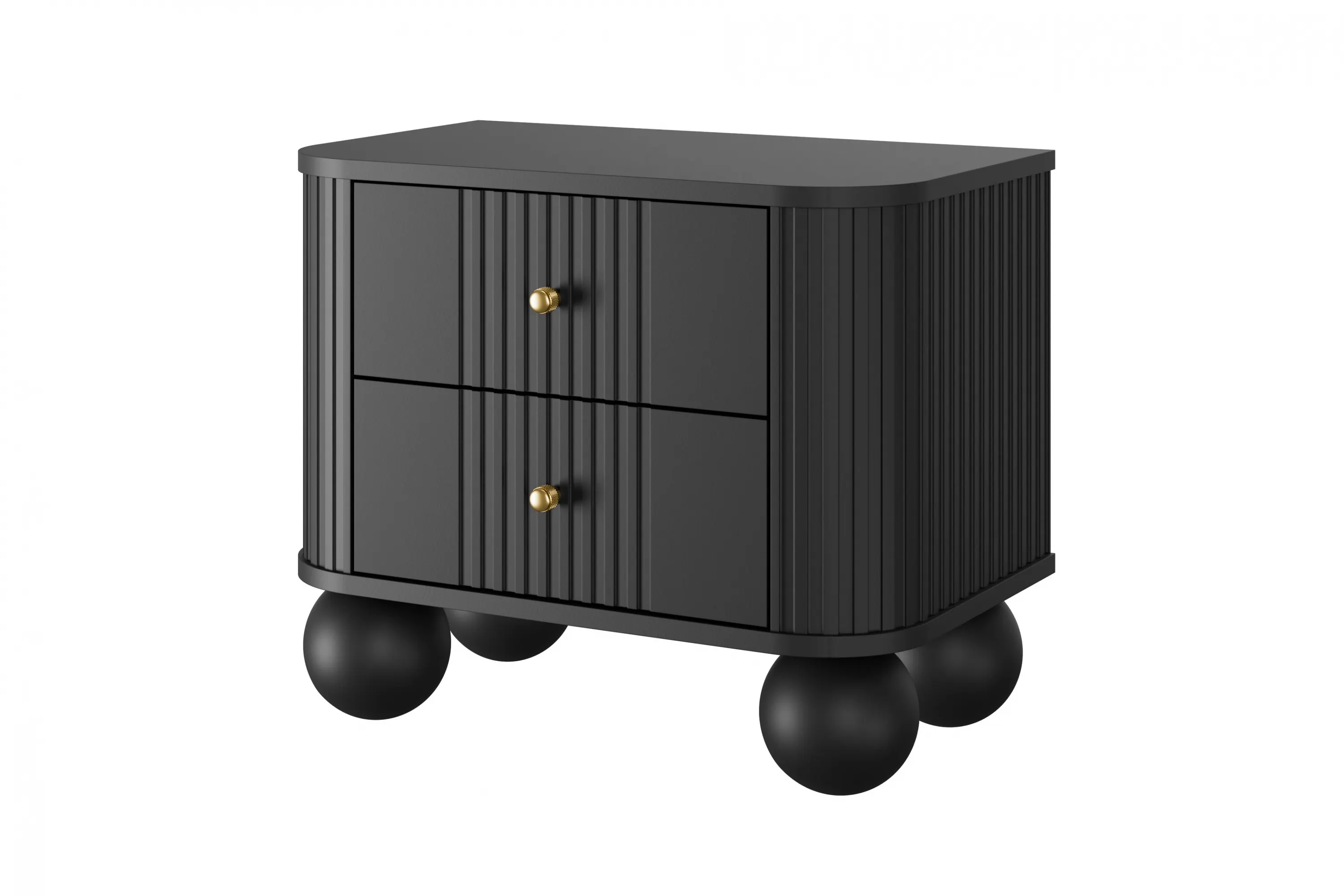 Szafka nocna z 2 szufladami VESPER 56 zestaw 2 sztuk ryflowany front czarny złote uchwyty nogi kule - B_163847