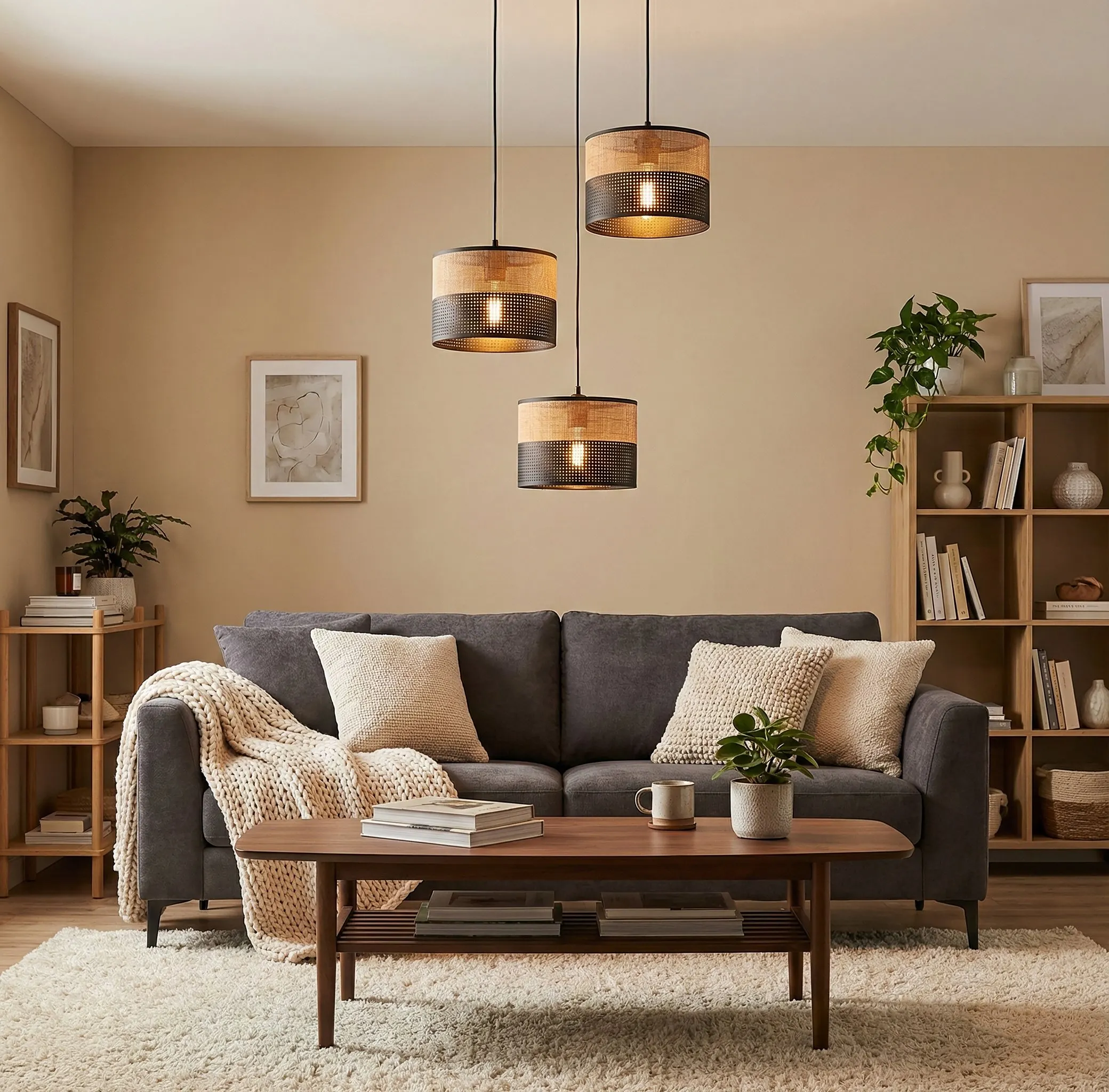 Lampa wisząca KARBON 3 BL BROWN PREMIUM z abażurami czarna brązowa - 1653/3PREM
