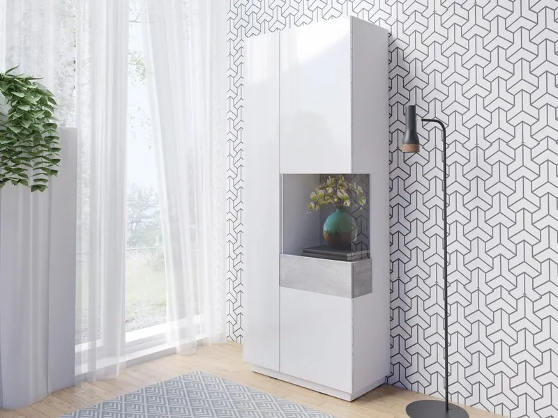 Witryna SILKE 13 dwudrzwiowa przeszklona prawa biała beton 207x80x40cm — zdjęcie 2