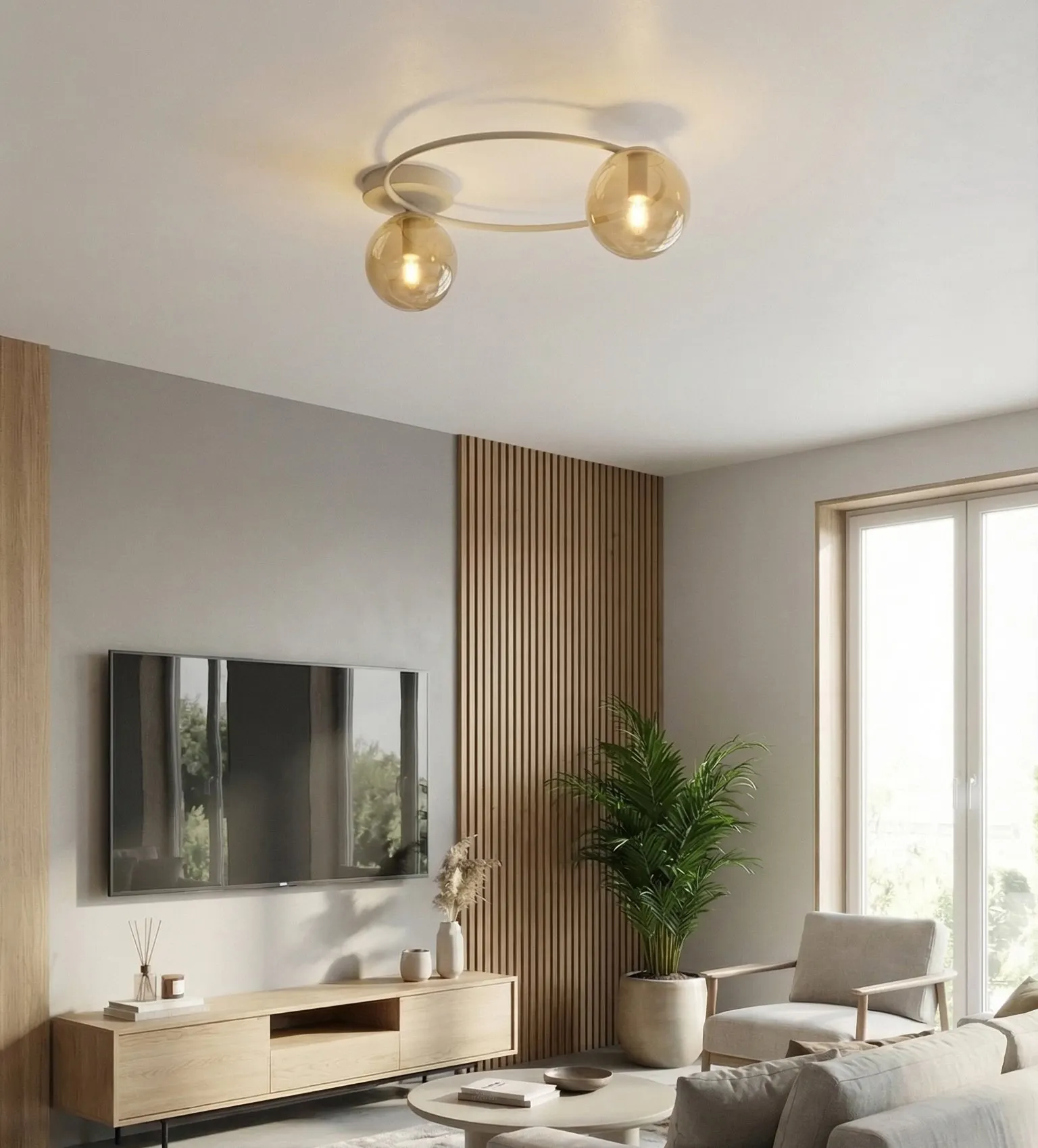 image lampa wisząca, szklane kule, podwójna lampa, salon nowoczesny, dekoracyjny żyrandol