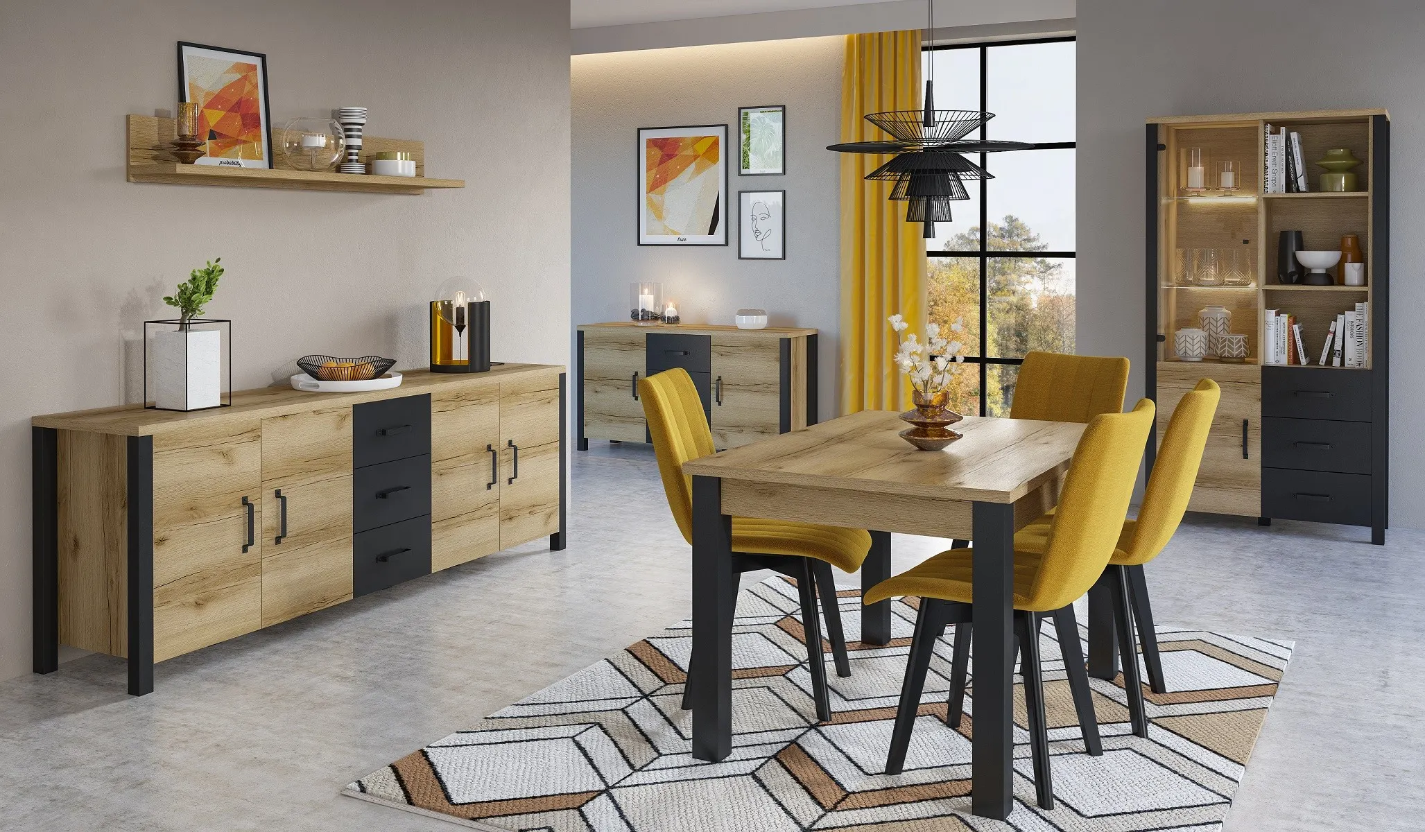 Witryna szklana z szufladami OLIN 3-drzwiowa 146x101 czarna dąb grand naturalny - 24NWJC44