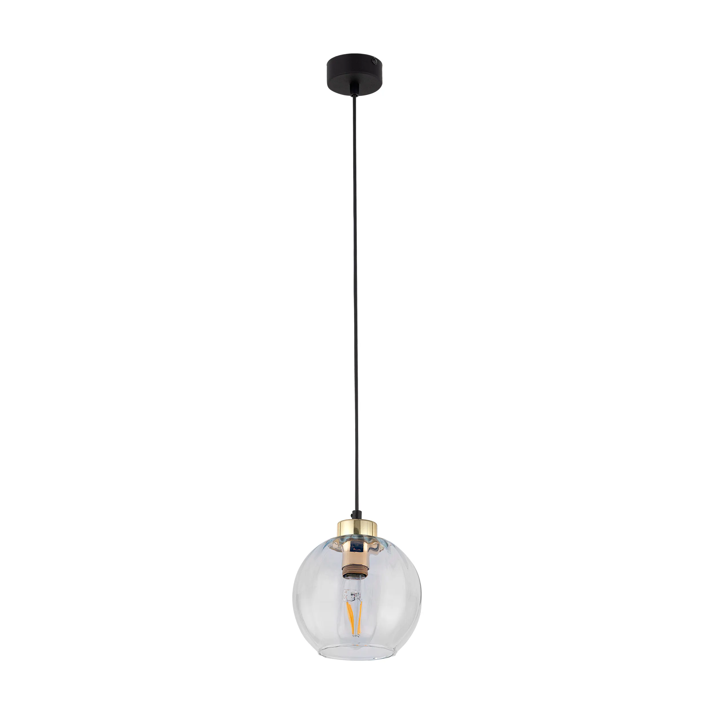 Lampa wisząca DEVI na czarnej podstawie i przewodzie ze złotymi elementami klosz szklany okrągły transparentny przyciemniany 165x18cm