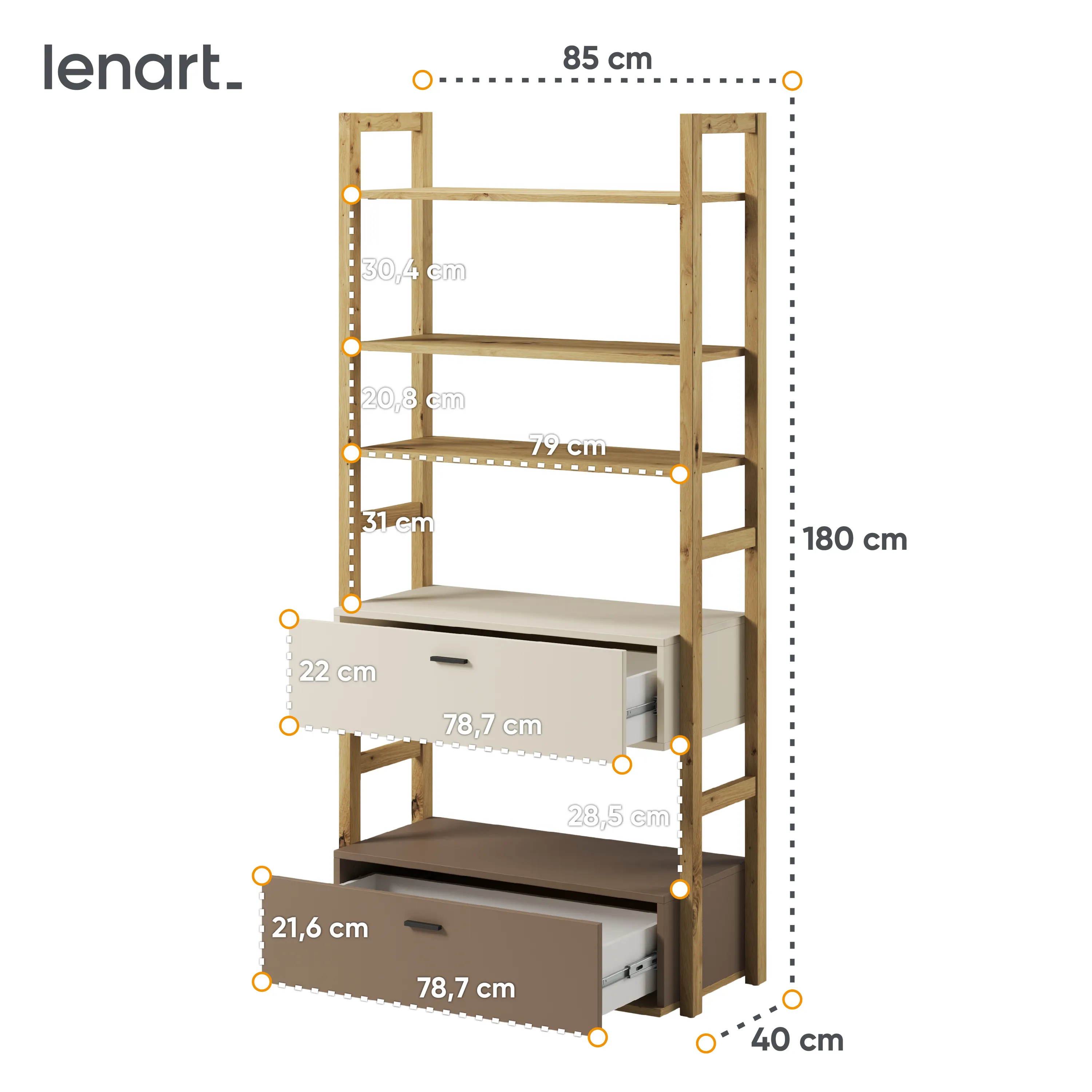 Regał Lenny LY-02 85cm dąb artisan/beż/truflowy - LY2ABT