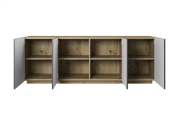Komoda ASHA 200 4D - szara - dąb artisan - ryflowany front - cokół - B_52314