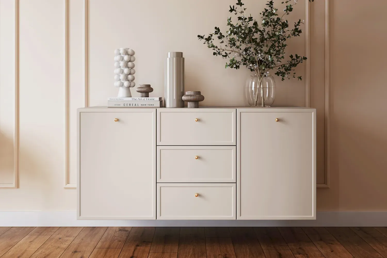 Komoda wisząca 2-drzwoiowa z 3 szufladami LORINI 150 - cashmere gałka złota - B_166772