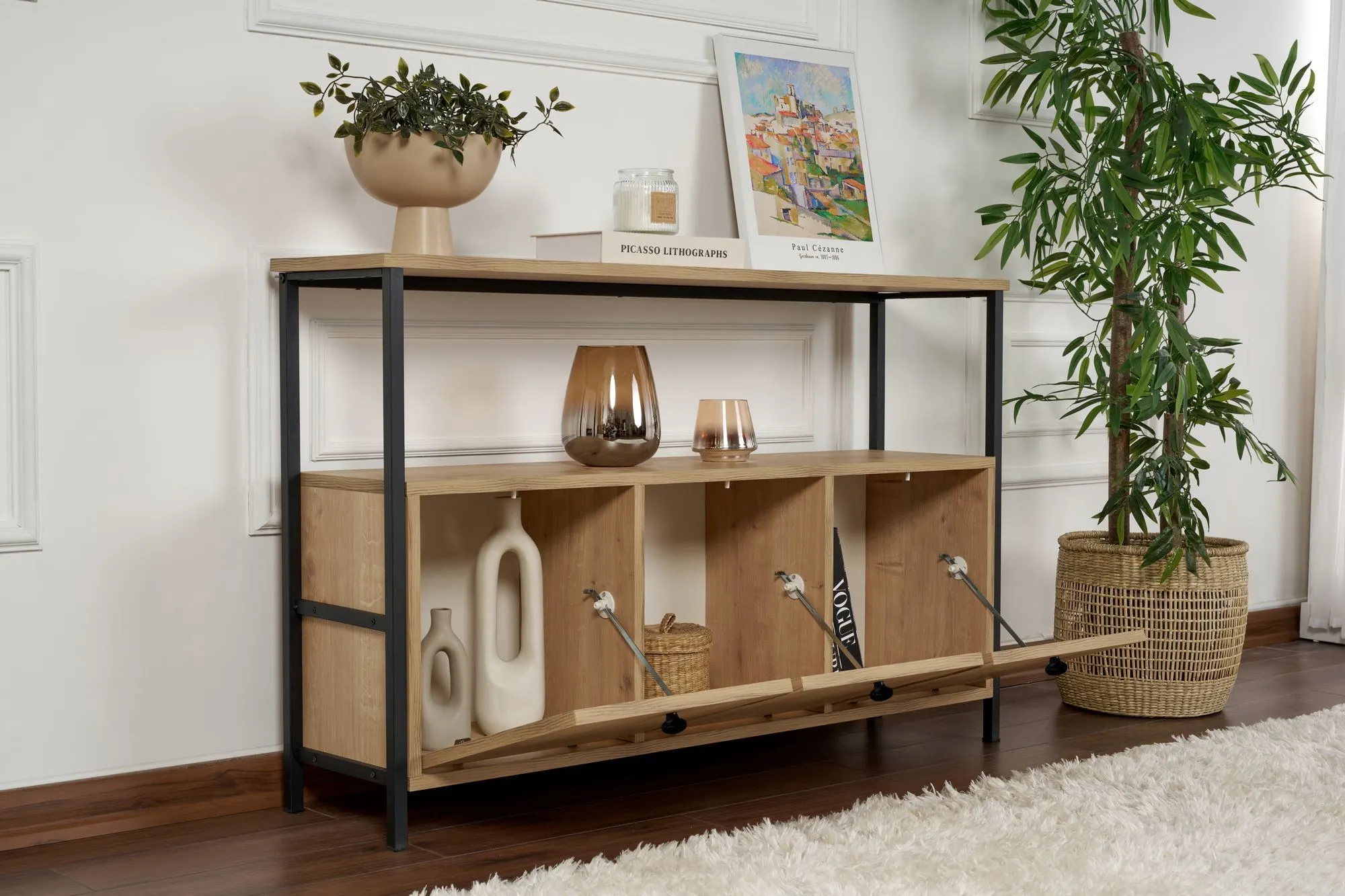 Konsola 3-drzwiowa SOLACE 120 cm dąb czarny metalowy stelaż — zdjęcie 7