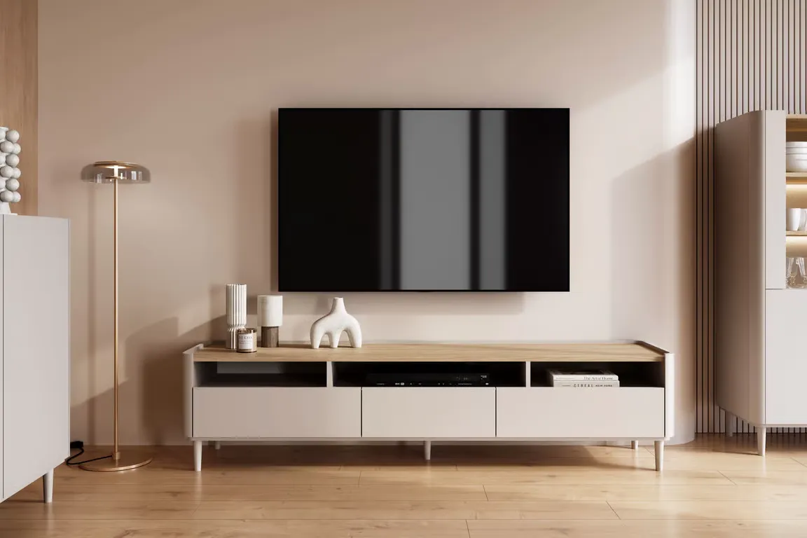Szafka RTV z 1 klapą i 2 szufladam ELIVO RTV 200cm drewniane nóżki cashmere dąb olejowany — zdjęcie 7