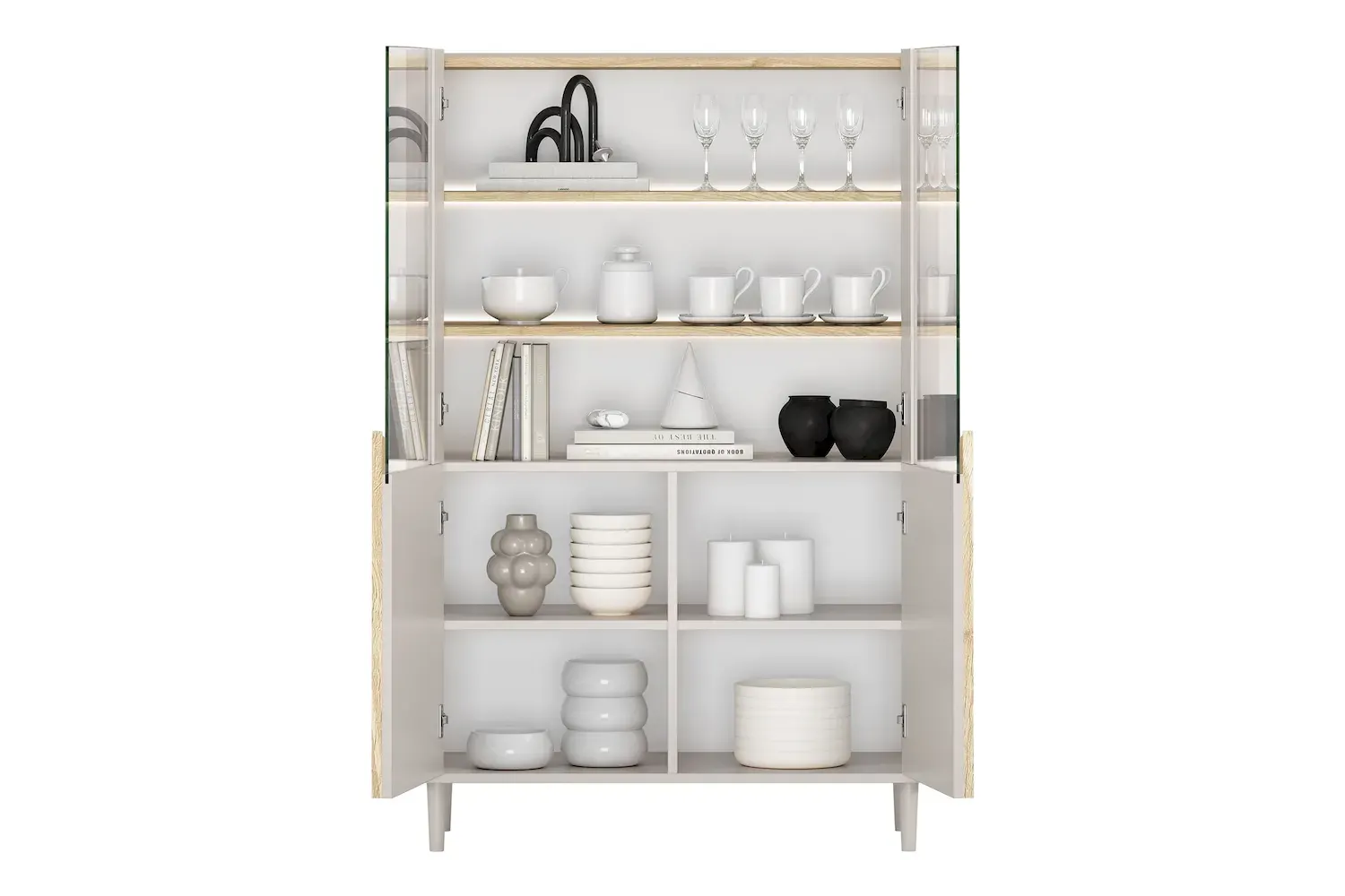 Witryna 2-drzwiowa AMILIO 100 oświetlenie LED - cashmere / dąb olejowany uchwyty dąb jasny nogi cashmere - B_169212