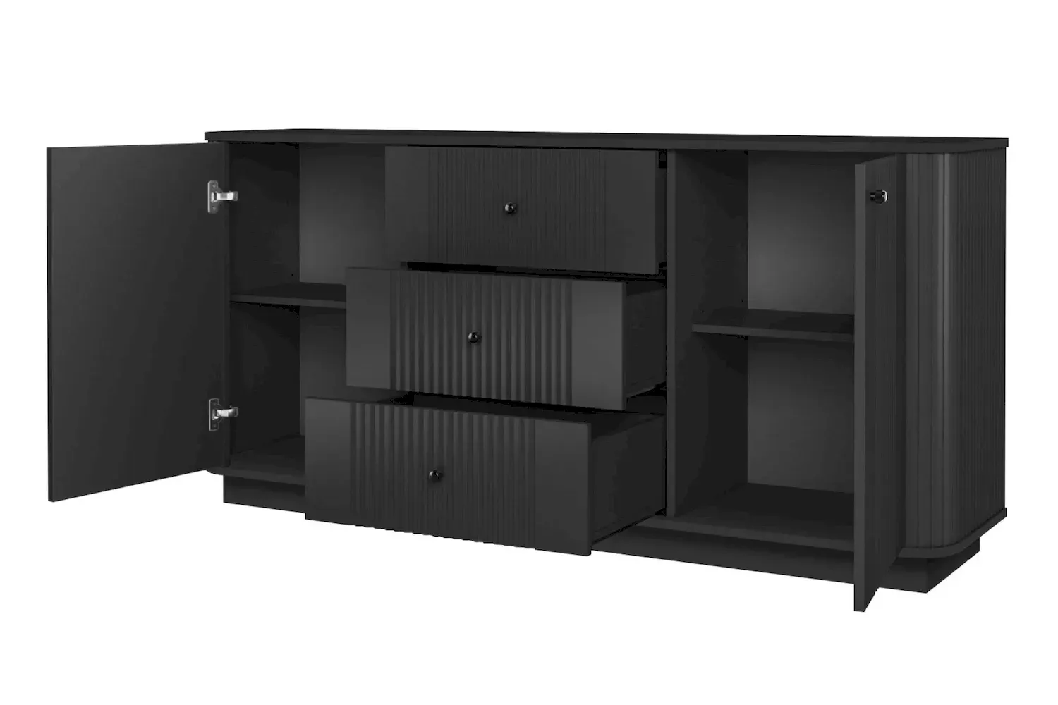 Komoda 2-drzwiowa z 3 szufladami VESPER 160 ryflowany front - czarny czarne uchwyty cokół - B_169444