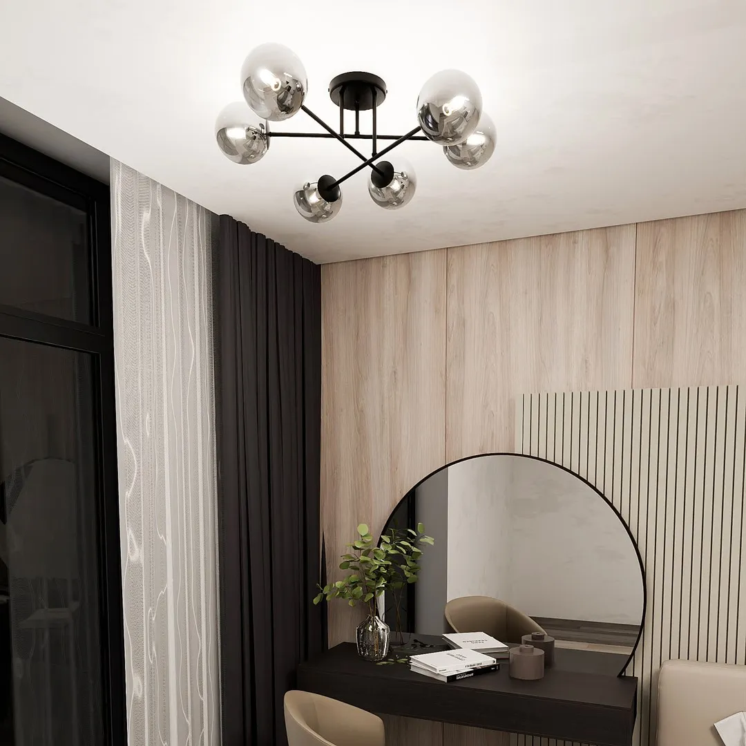 image lampa sufitowa, kula metalowa, czarna rama, lustro okrągłe, płyta drewniana