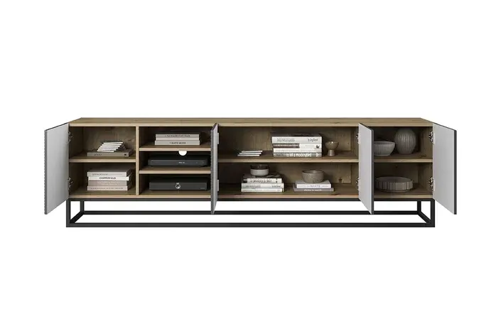 Szafka RTV ASHA 200 4D z wnęką - szara - dąb artisan - ryflowany front - stelaż czarny - B_52230