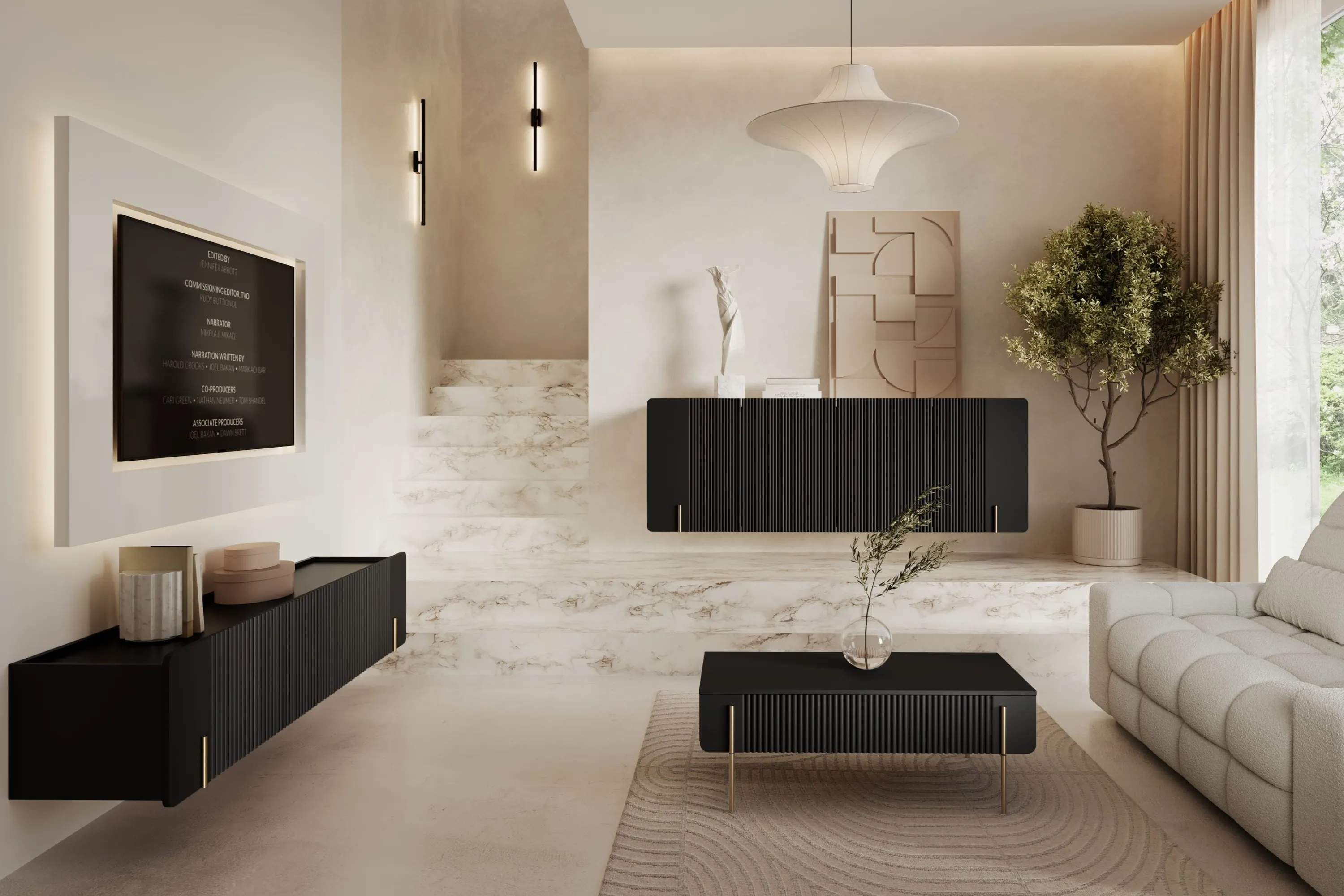 Stolik kawowy z 2 szufladami MALMI ryflowany front 60x100cm - czarny - złoty - B_166963