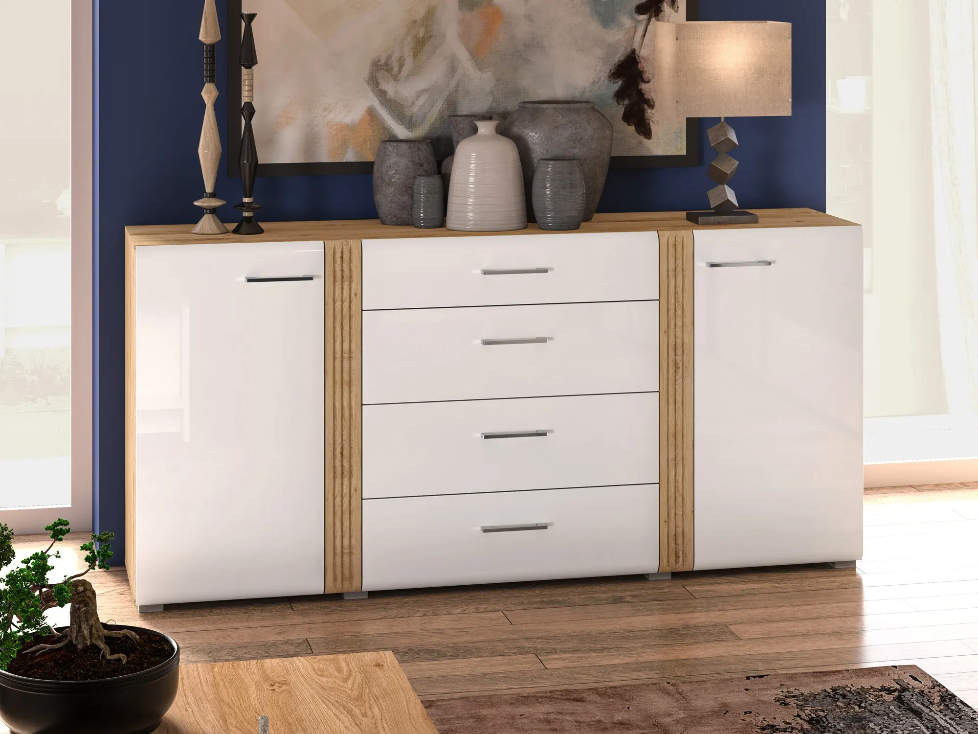 Komoda 2-drzwiowa z 4 szufladami ADAGIO 06 dąb castello, biały połysk - 1ADAG06-001