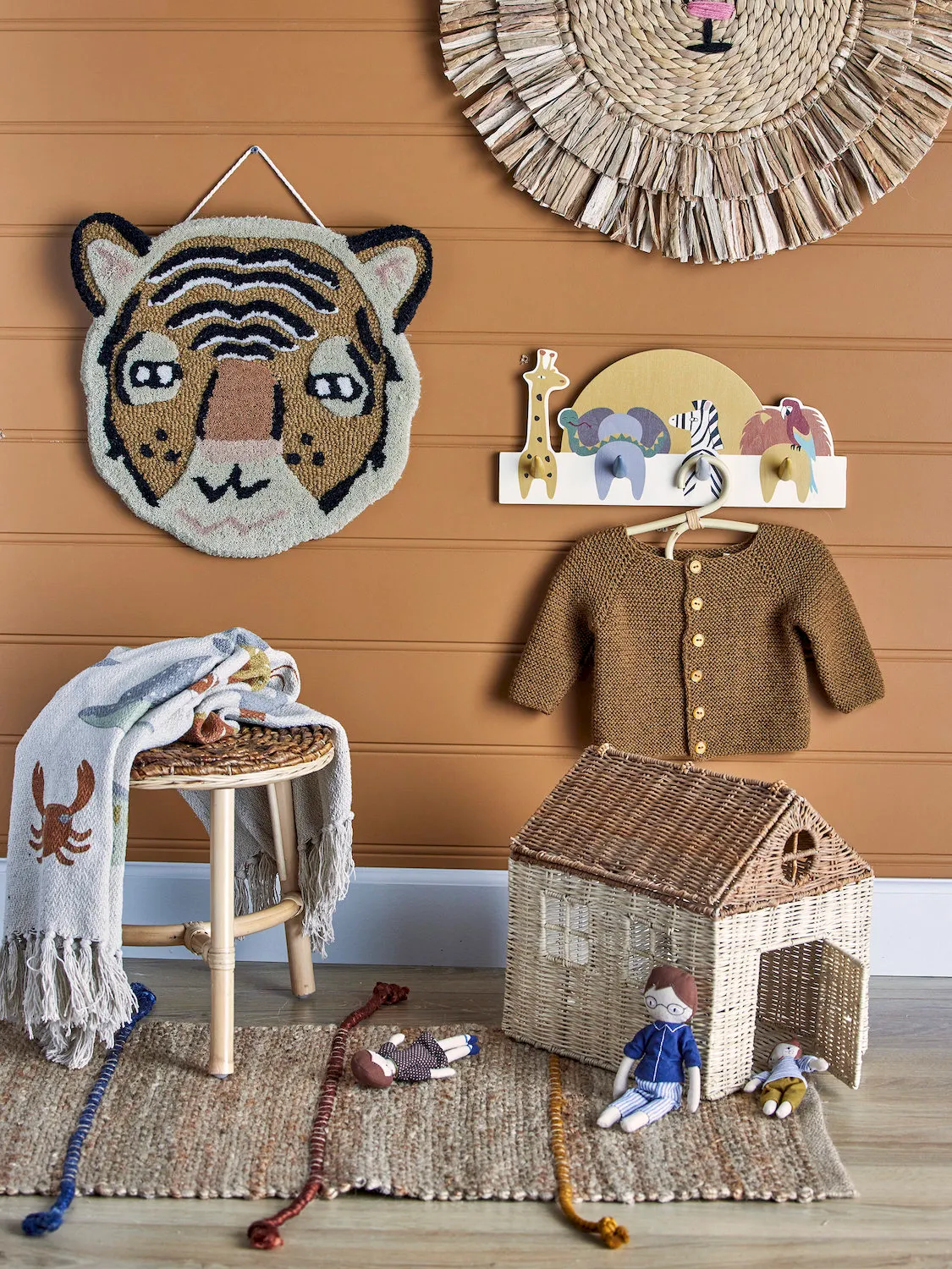 tiger rug, wall decor, kids room, knitted cardigan, woven basket