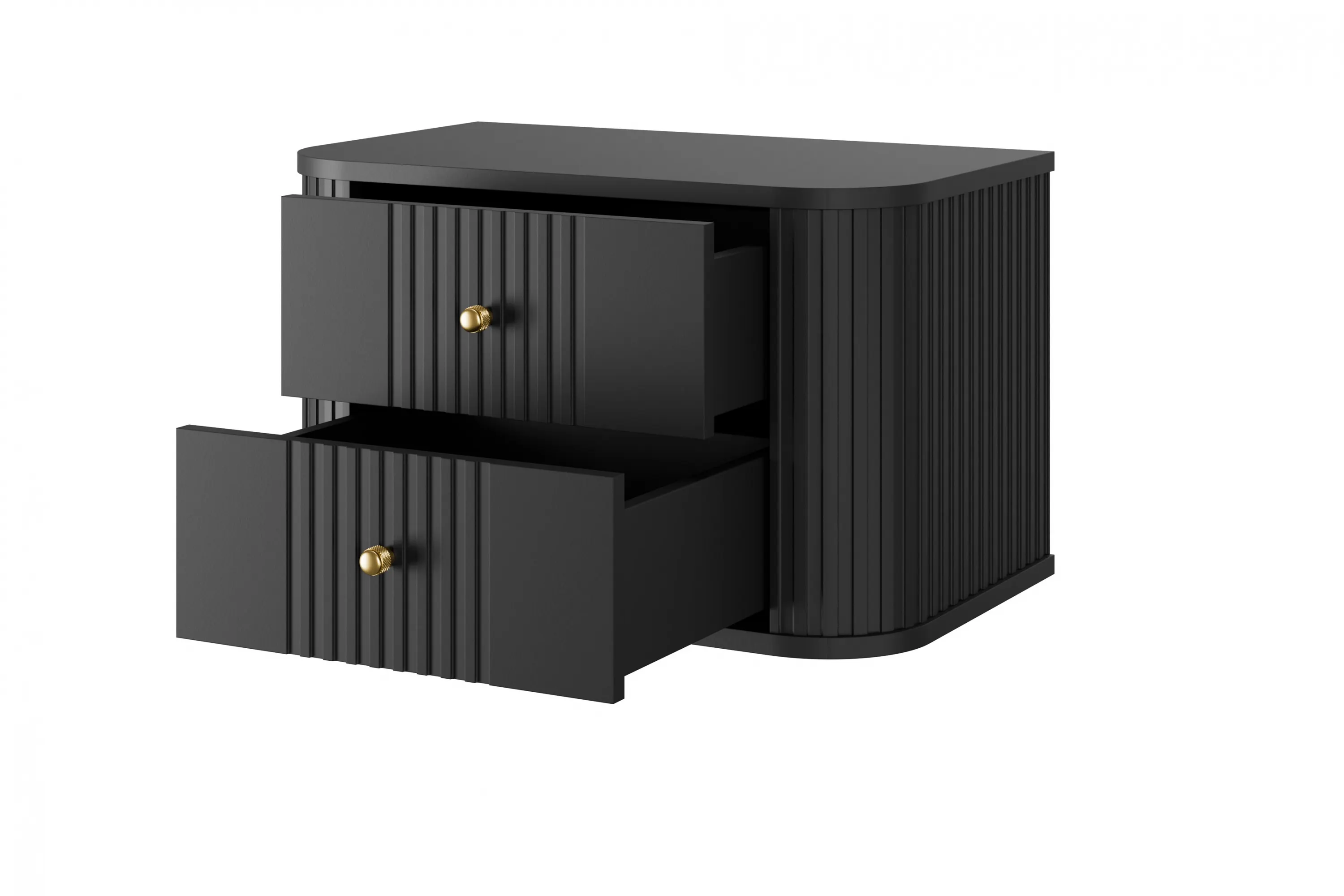 Szafka nocna wisząca z 2 szufladami VESPER 56 zestaw 2 sztuk ryflowany front czarny złote uchwyty - B_163853