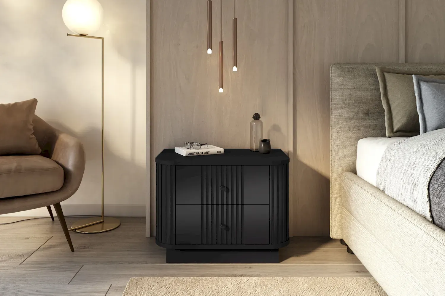 Zestaw szafka nocna z 2 szufladami VESPER 2-set ryflowany front - czarny czarne uchwyty cokół - B_169471