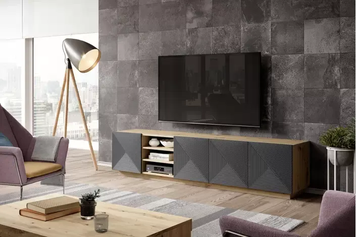 Szafka RTV ASHA 200 4D z wnęką - szara - dąb - ryflowany front - cokół - B_52303