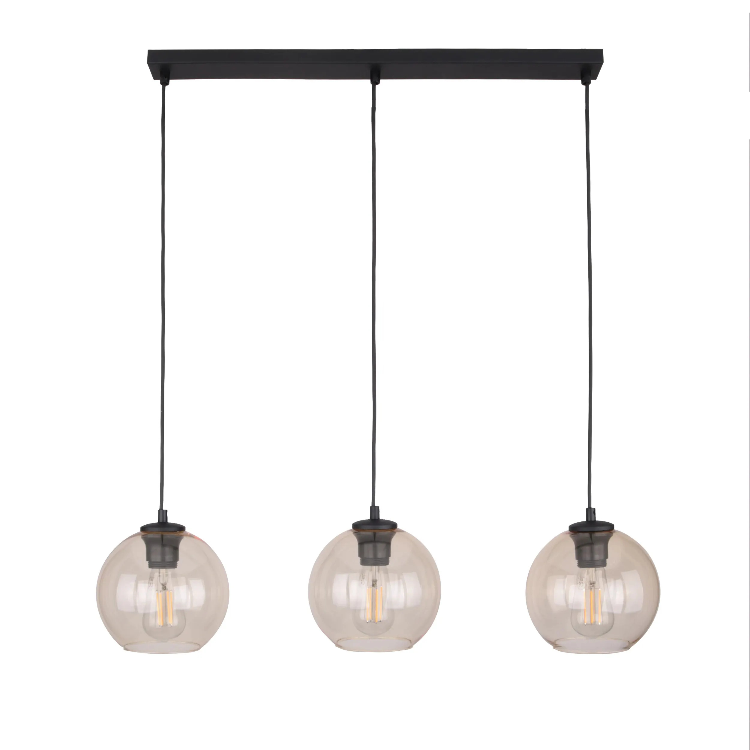 Lampa wisząca CUBUS czarna na listwie z bursztynowymi szklanymi okrągłymi kloszami 100x77x18cm