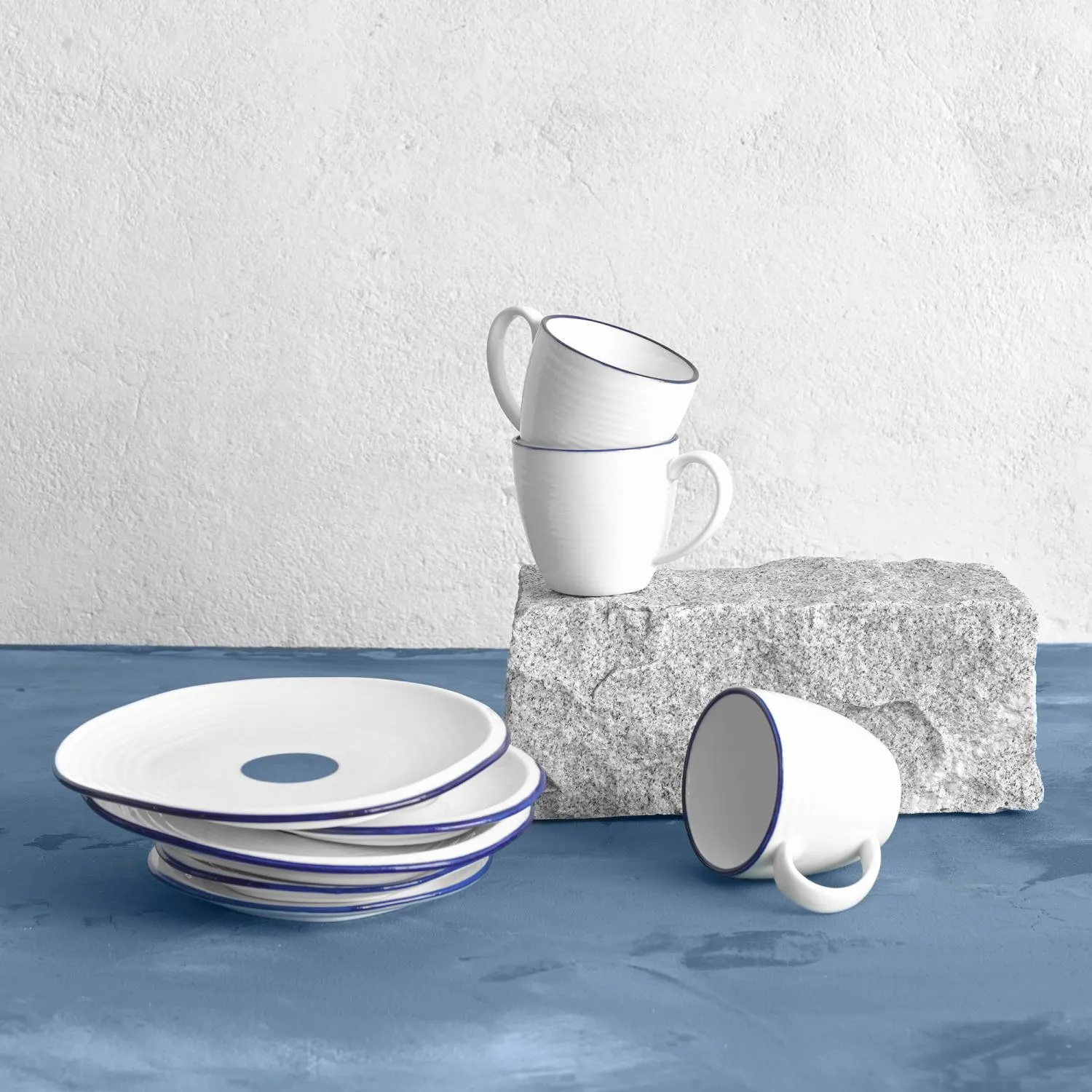 porcelanowy, miski, talerze, kufelki, niebieskie