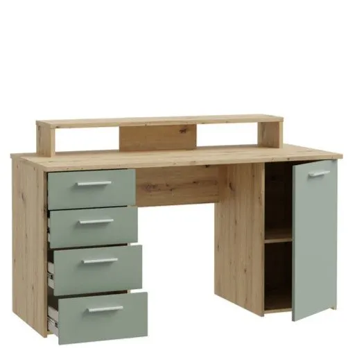 Biurko NET106 z szafką, 4 szufladami i nadstawką - dąb artisan, miętowy - MT980-M888